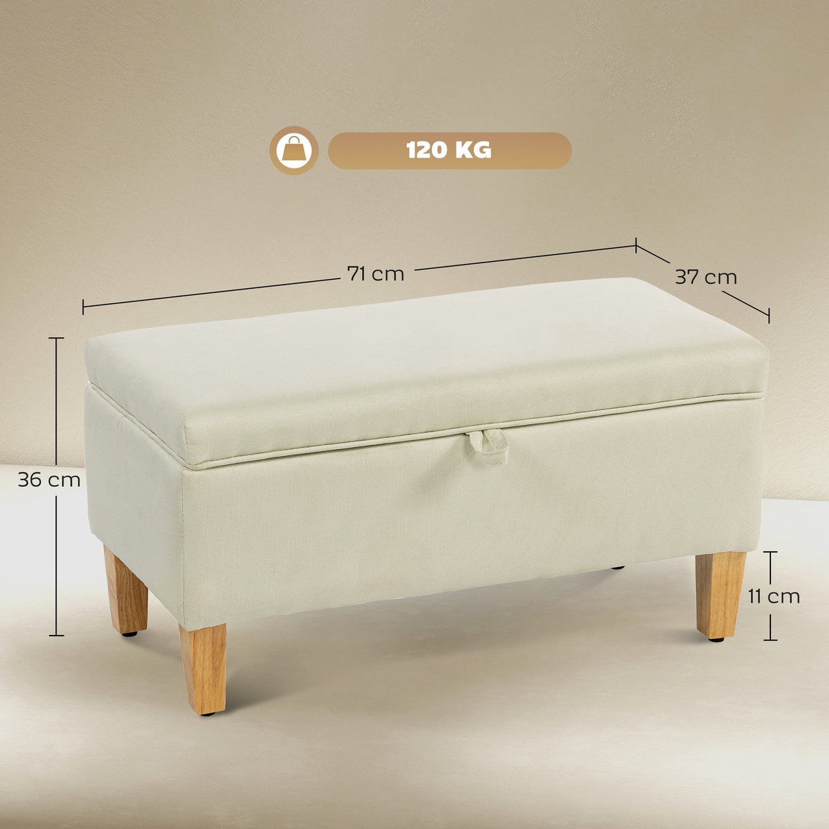 HOMCOM 30L Linen Storage Ottoman Padded Footstool with Rubberwood Legs for Storage Box, Bed End, Shoe Bench, Seating, Beige