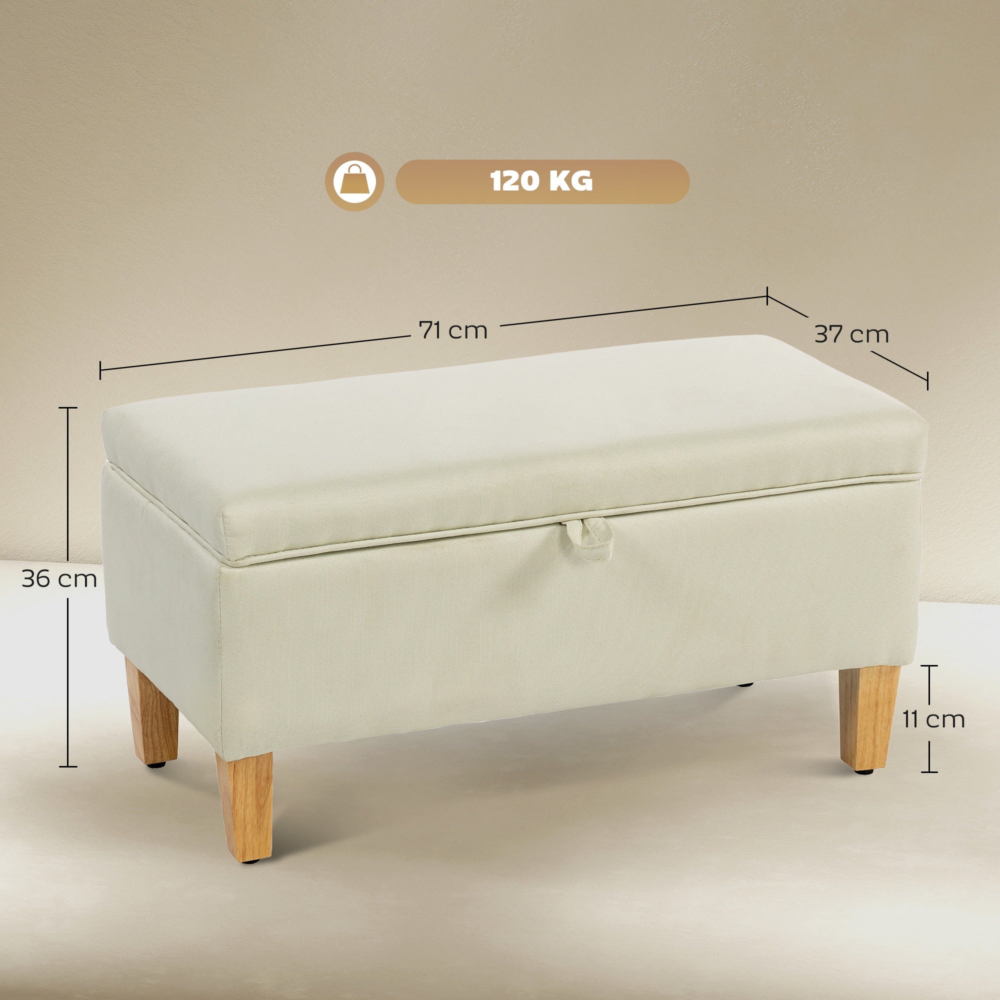 HOMCOM 30L Linen Storage Ottoman Padded Footstool with Rubberwood Legs for Storage Box, Bed End, Shoe Bench, Seating, Beige