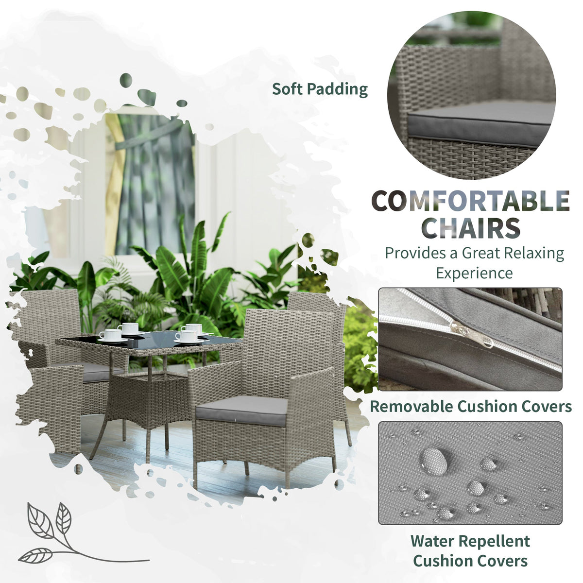 Outsunny Five-Pieces Rattan Dining Set - Light Grey