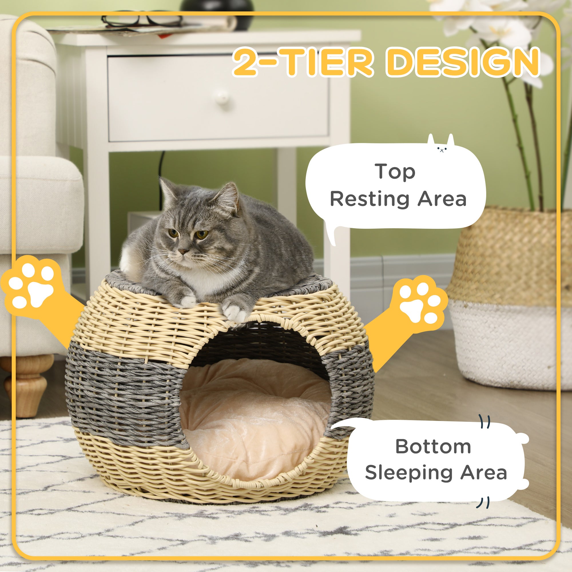 PawHut Wicker Cat House, Rattan Raised Cat Bed, Cosy Kitten Cave with Soft Washable Cushion, 40 x 30cm