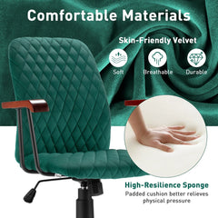Close up of the comfortable materials of the green velvet office chair