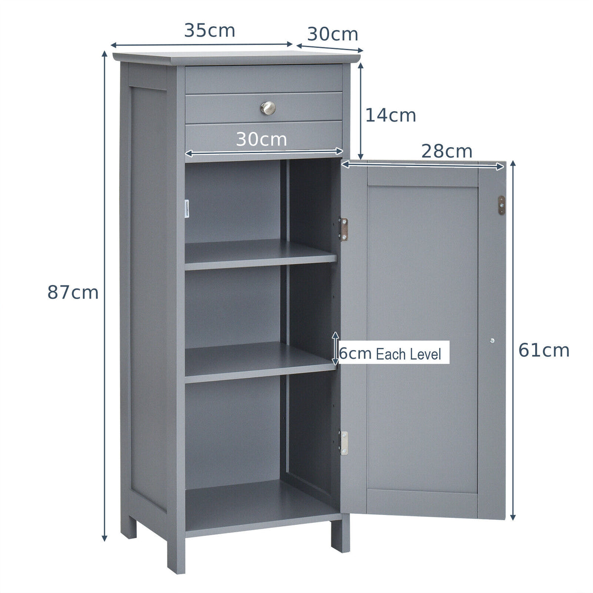 1-Door Freestanding Bathroom Storage Cabinet with Drawer and Adjustable Shelves-Grey