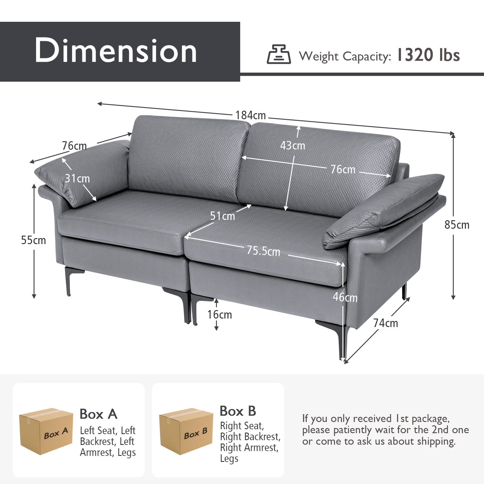 L-Shaped 2-Seater Upholstered Sectional Couch-Grey