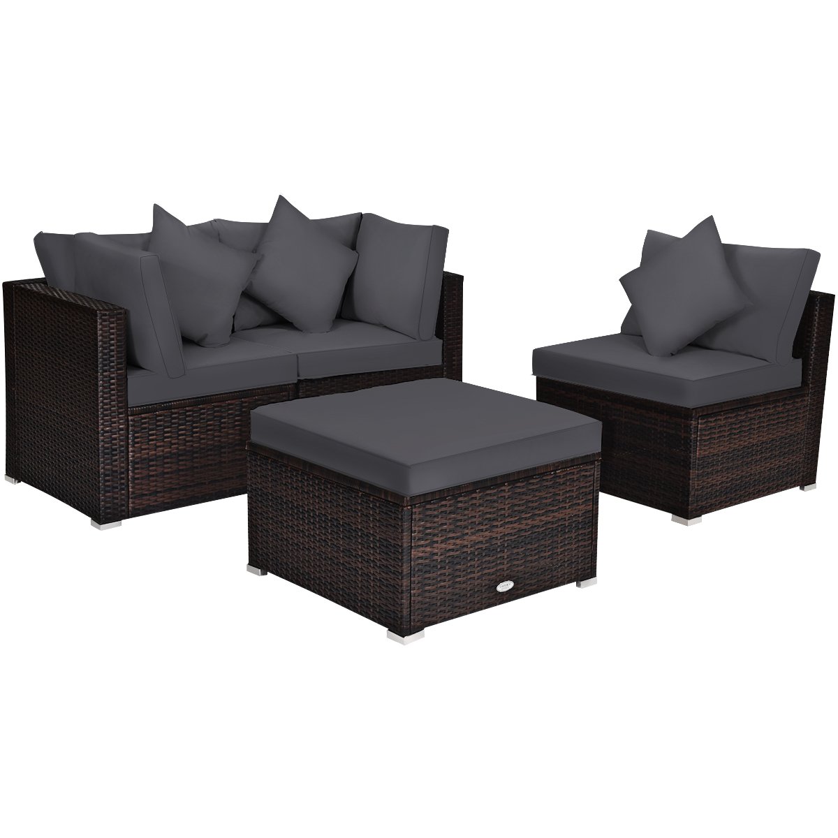 4 Pieces Outdoor Rattan Conversation Set with Removable Cushions and Pillows-Grey