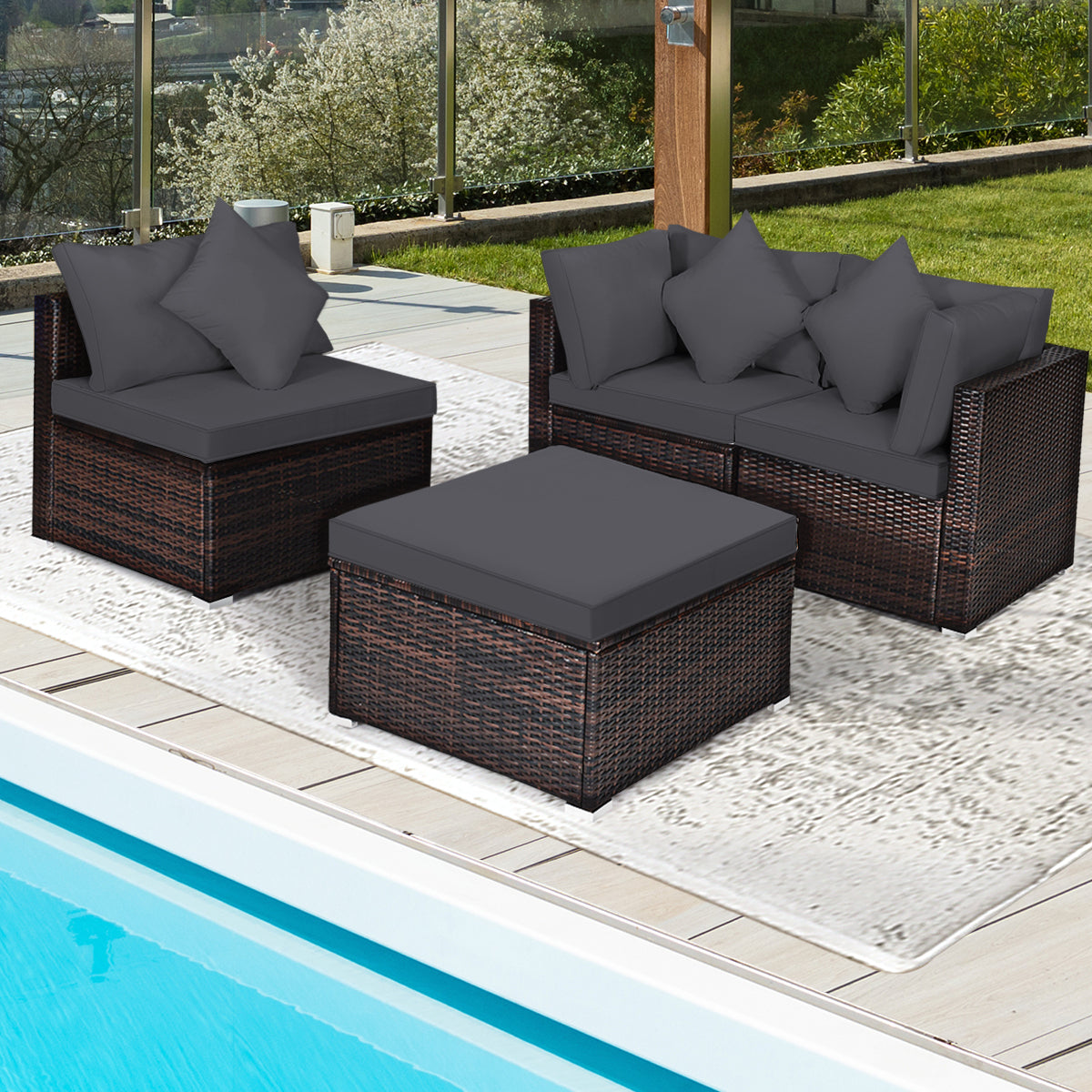4 Pieces Outdoor Rattan Conversation Set with Removable Cushions and Pillows-Grey