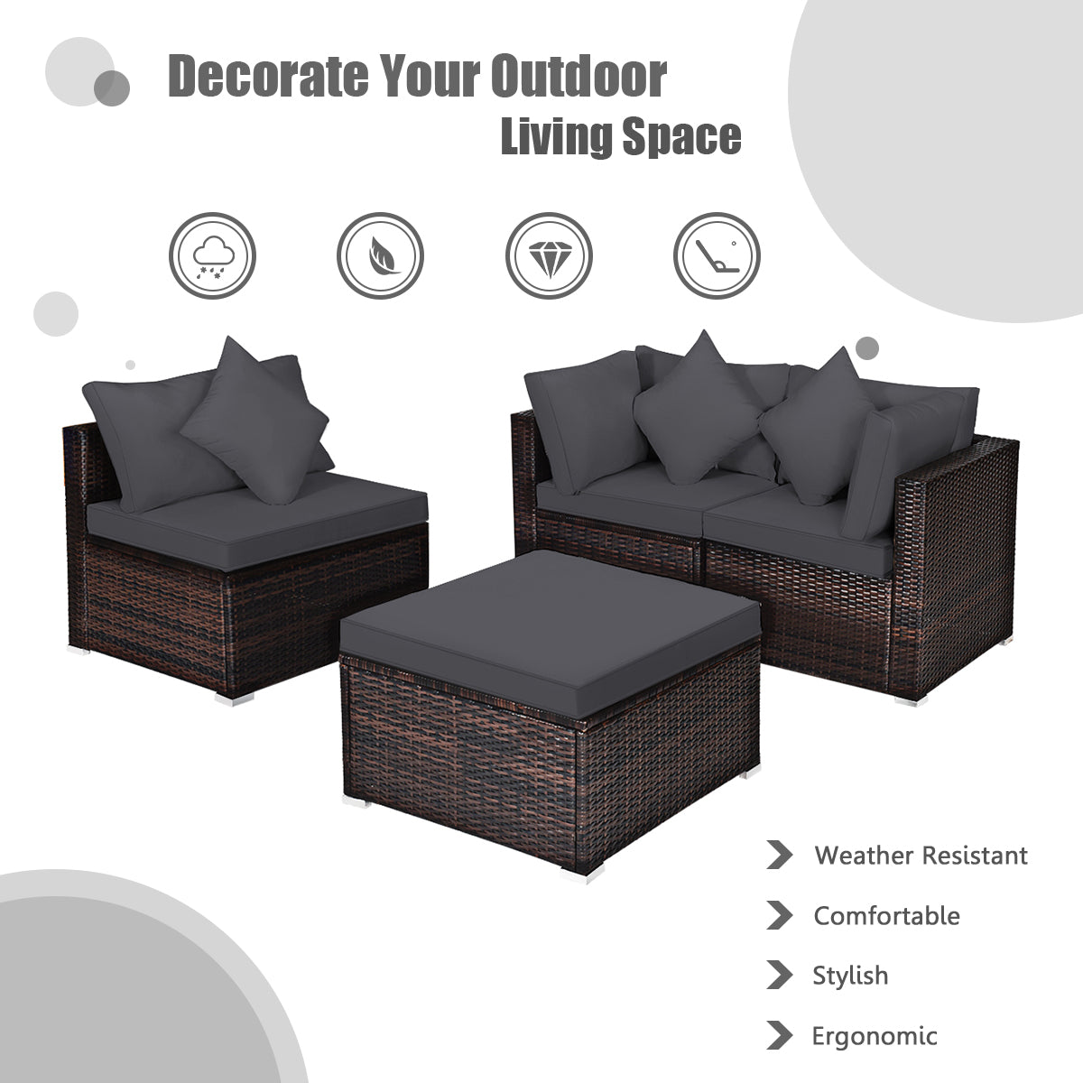 4 Pieces Outdoor Rattan Conversation Set with Removable Cushions and Pillows-Grey