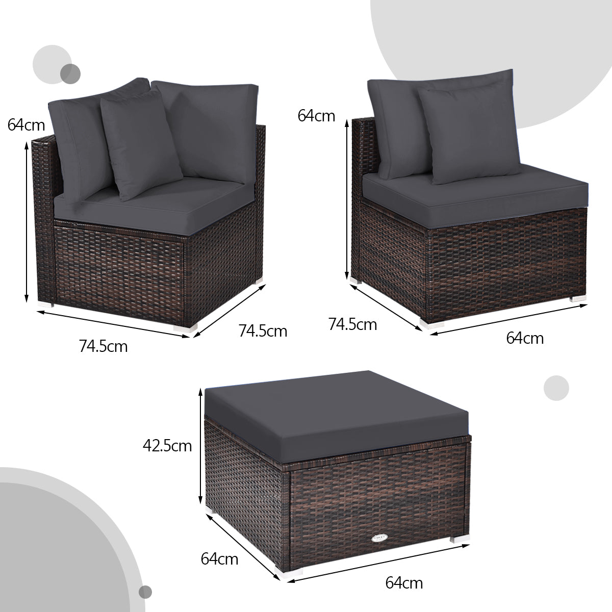 4 Pieces Outdoor Rattan Conversation Set with Removable Cushions and Pillows-Grey