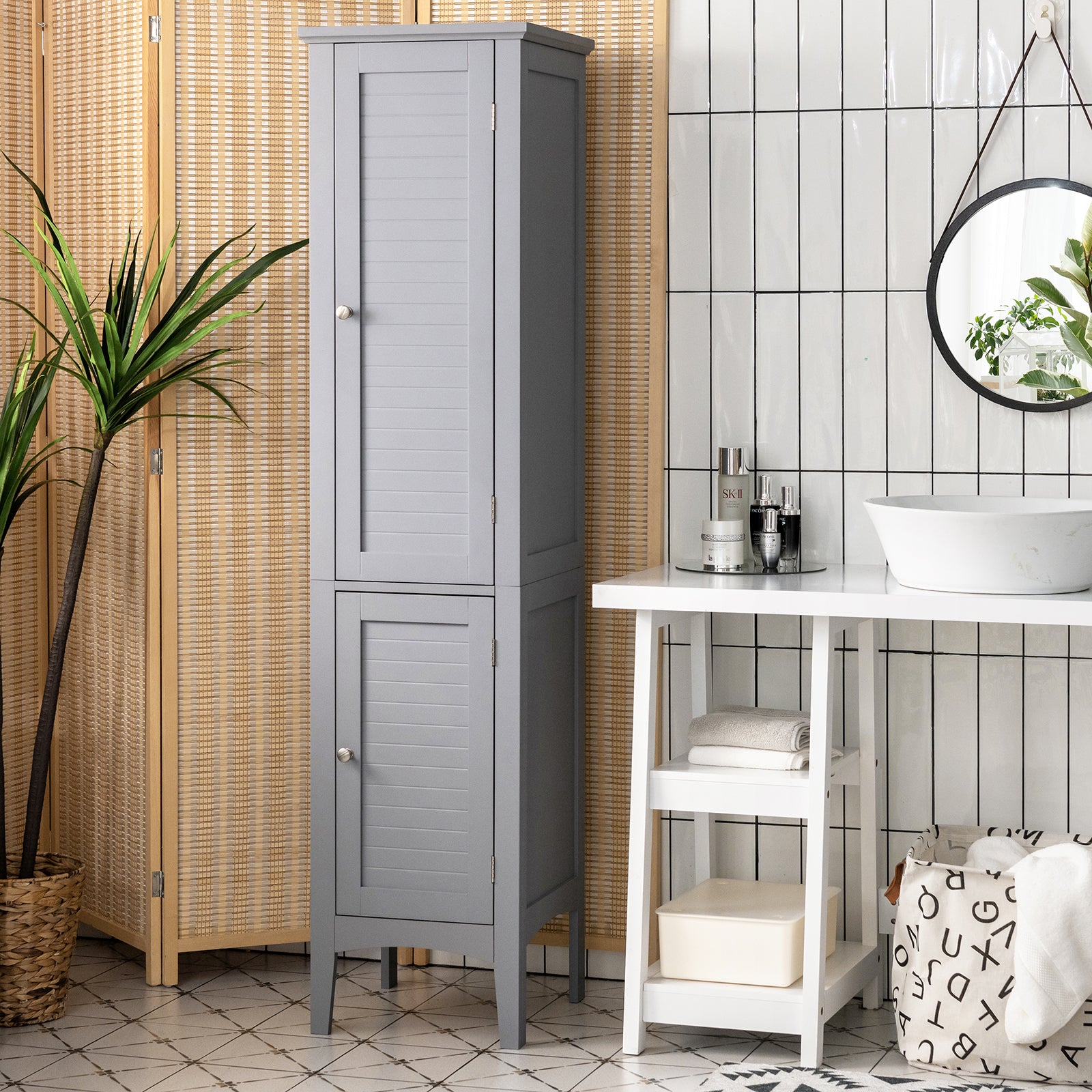 2-Door 160cm High Freestanding Bathroom Cabinet with 5-Tier Shelves-Grey