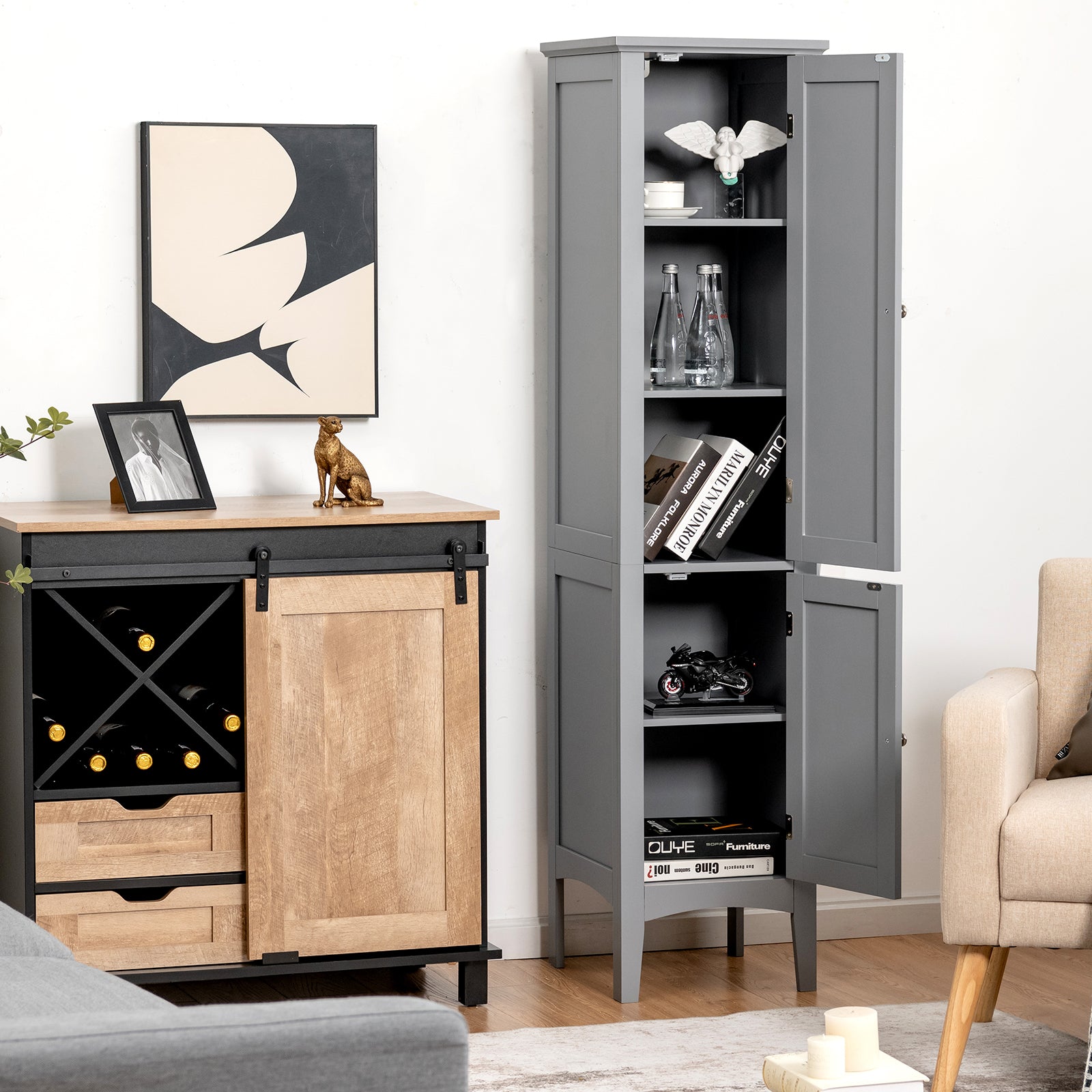 2-Door 160cm High Freestanding Bathroom Cabinet with 5-Tier Shelves-Grey