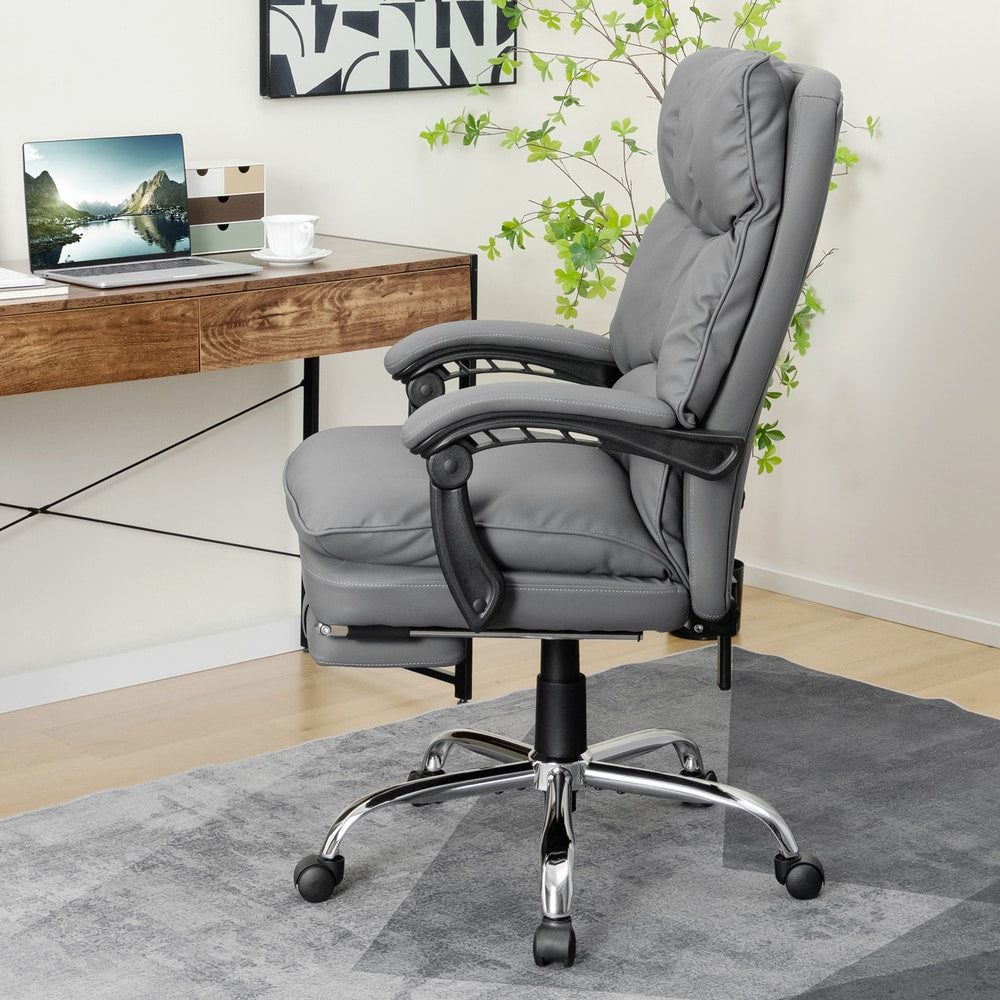 The office chair viewed from the side while positioned at a desk in a home workspace