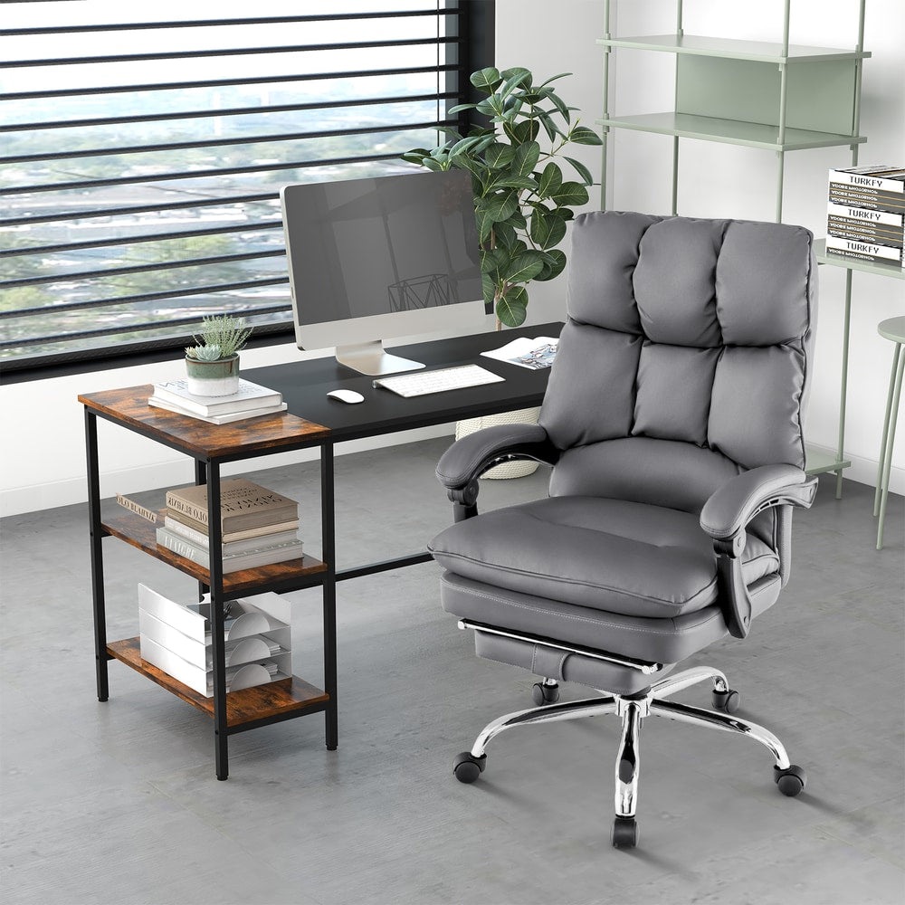 The office chair placed in a modern home study next to a wooden desk with a computer monitor
