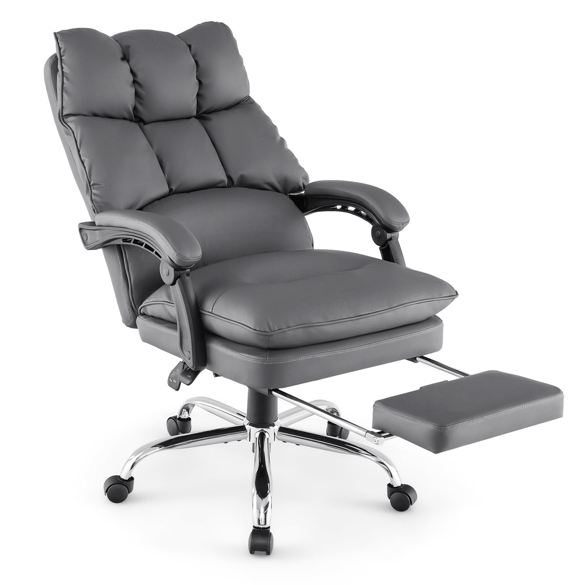 The office chair shown with the retractable footrest extended outwards for leg support