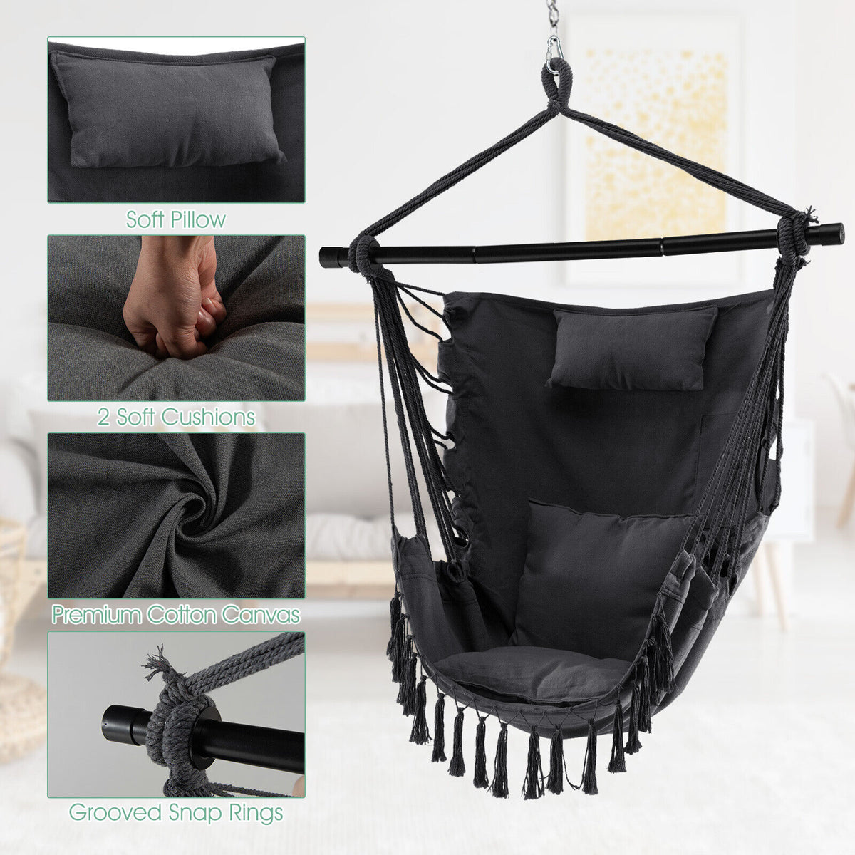 Hammock Swing Chair with Pillow and Cushions for Living Room Patio-Grey