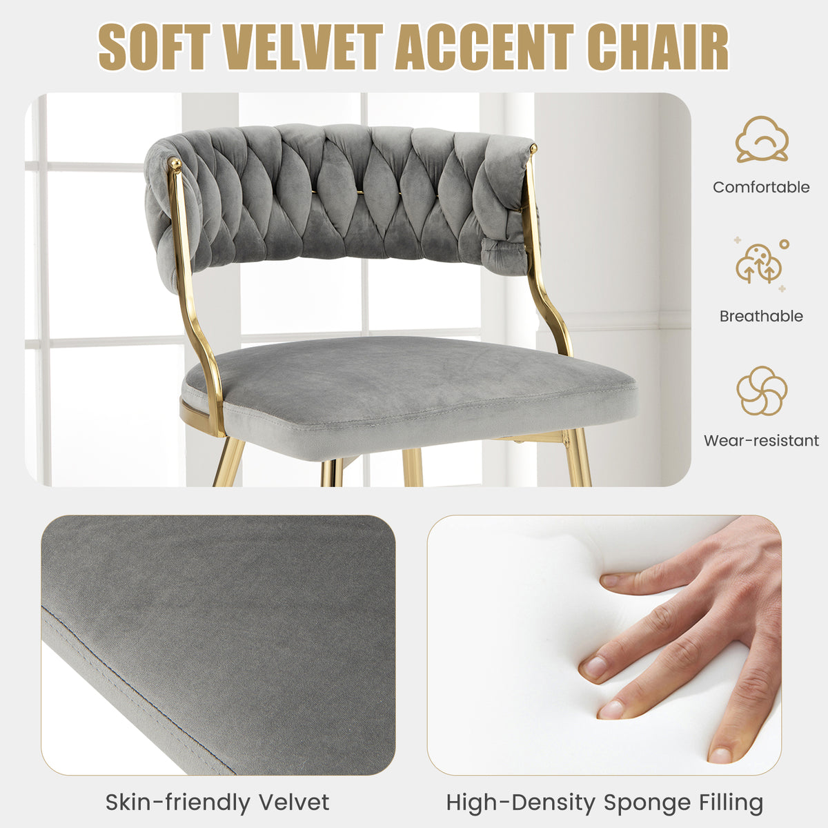 Set of 2 Velvet Dining Chair with Metal Legs and Woven Back-Grey