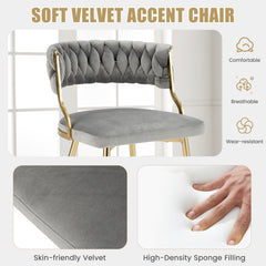 Set of 2 Velvet Dining Chair with Metal Legs and Woven Back-Grey