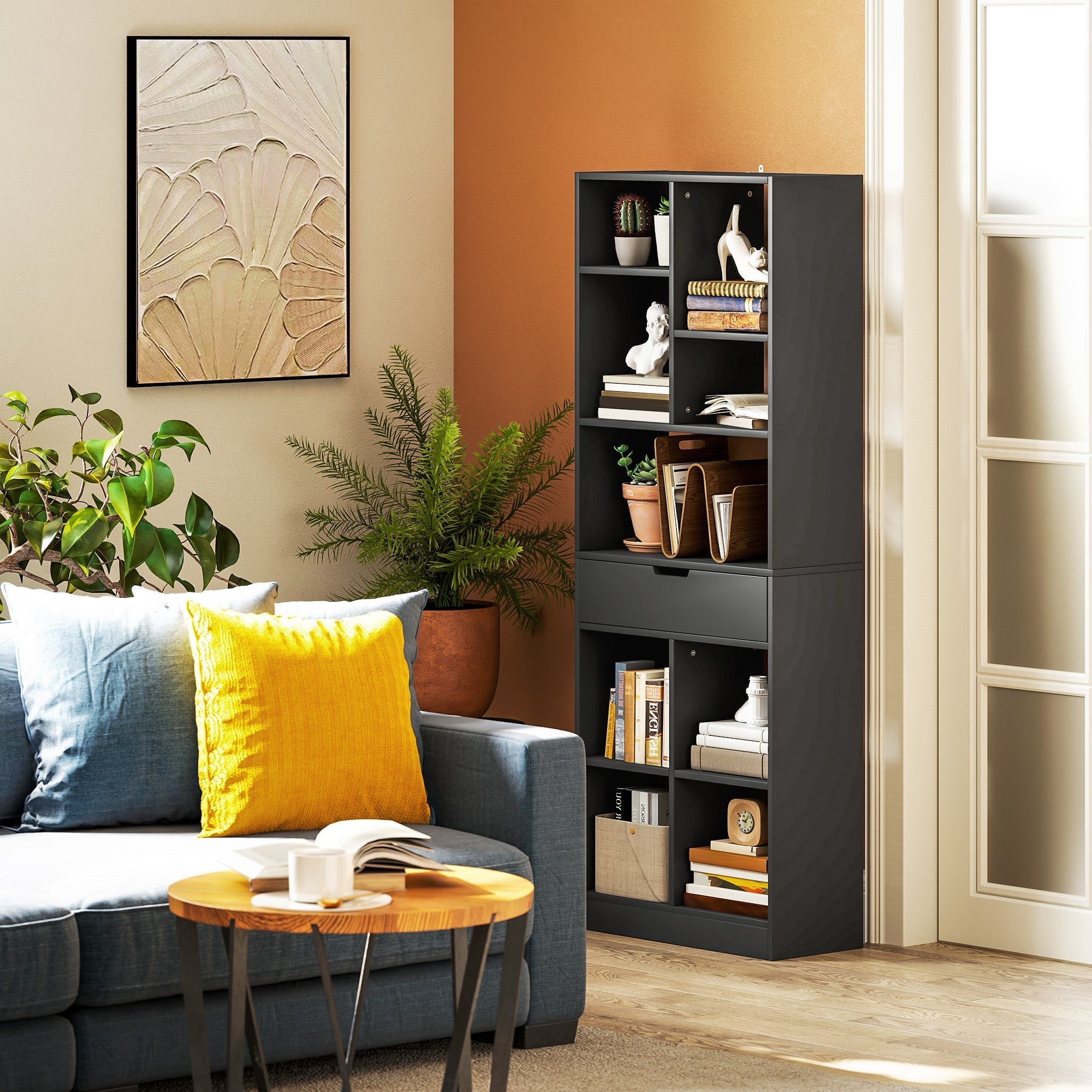 HOMCOM Tall Bookshelf with Drawer, Freestanding Bookcase for Bedroom, Living Room, Home Office, Black