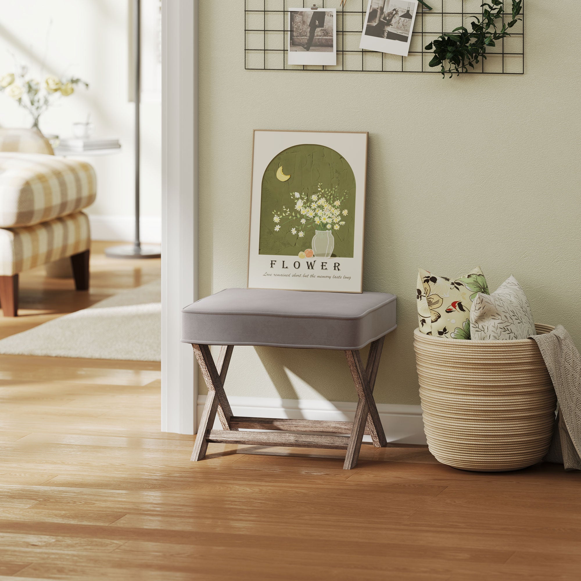 HOMCOM Vintage Footstool Padded Seat X Leg Chair Velvet Cover Shabby Chic Footrest Solid Rubber Wood Frame 49.5 x 45 x 41 cm Grey