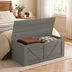 HOMCOM 127L Home Storage Box, with Safety Hinges - Dark Grey Wood-Effect