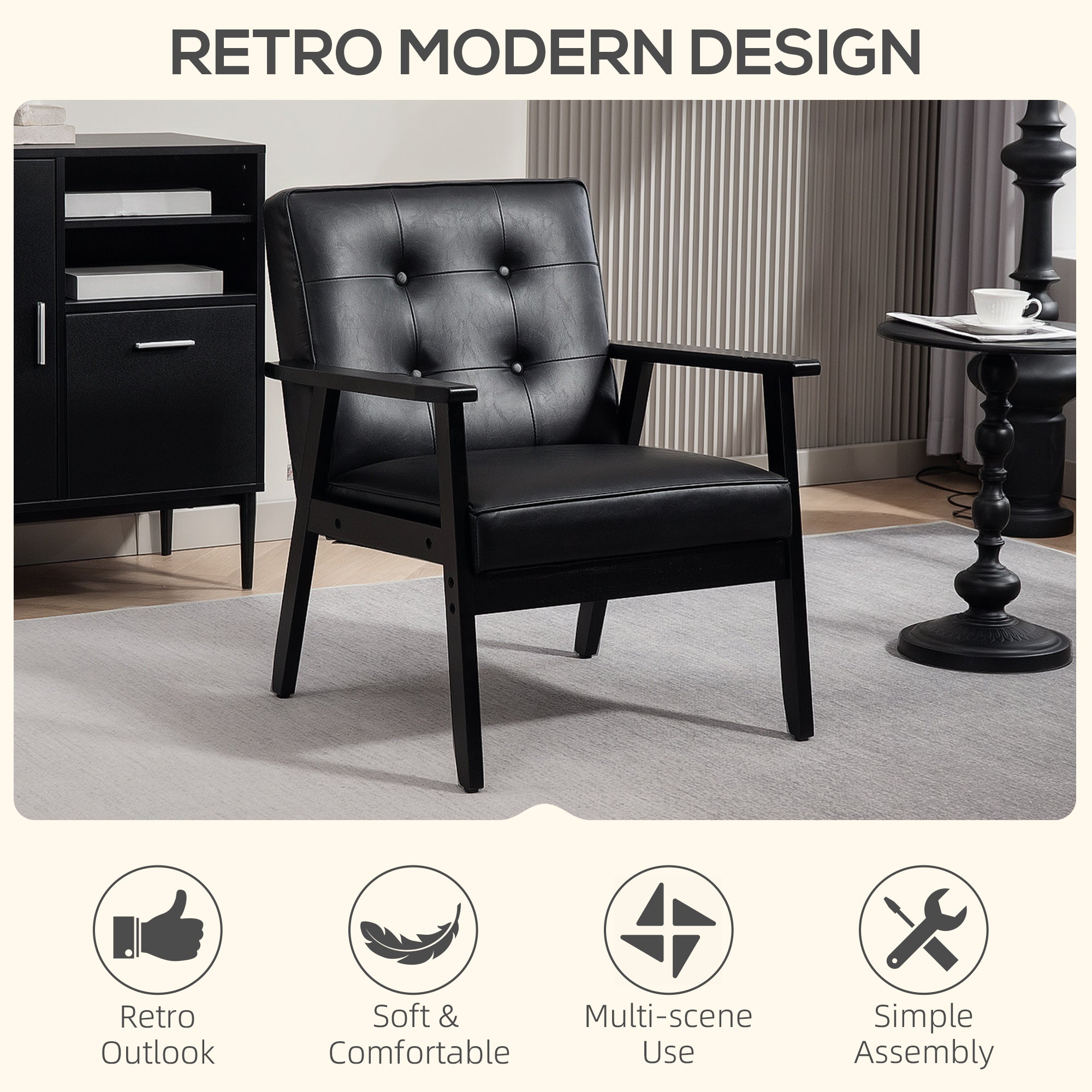 HOMCOM Retro-Style Accent Chair, with Faux Leather Seat - Black