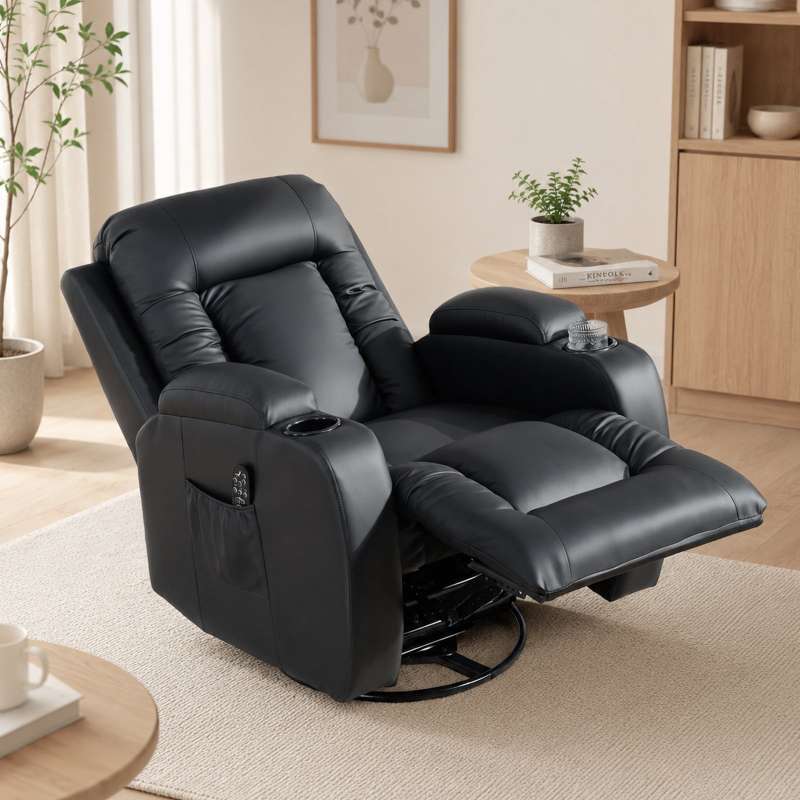HOMCOM PU Leather Recliner Chair, Recliner Armchair with Extended Footrest, Cup Holders and Side Pockets, Black