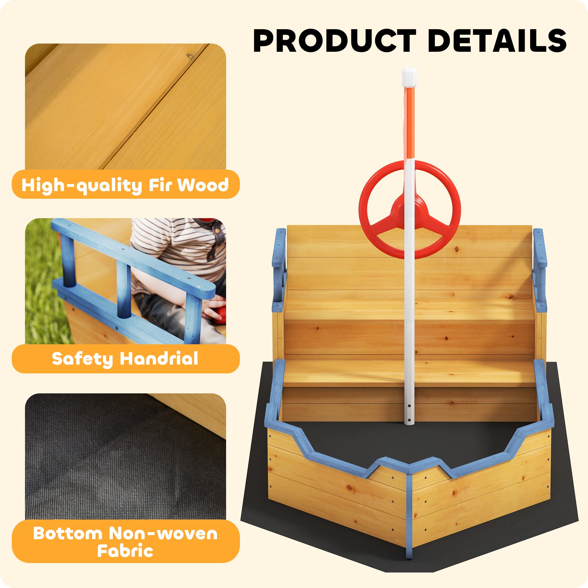 Outsunny Sand pit Kids Children Sandpit Wooden Pirate Ship Sandboat Outdoor Backyard Playset w/Bench Bottom Liner