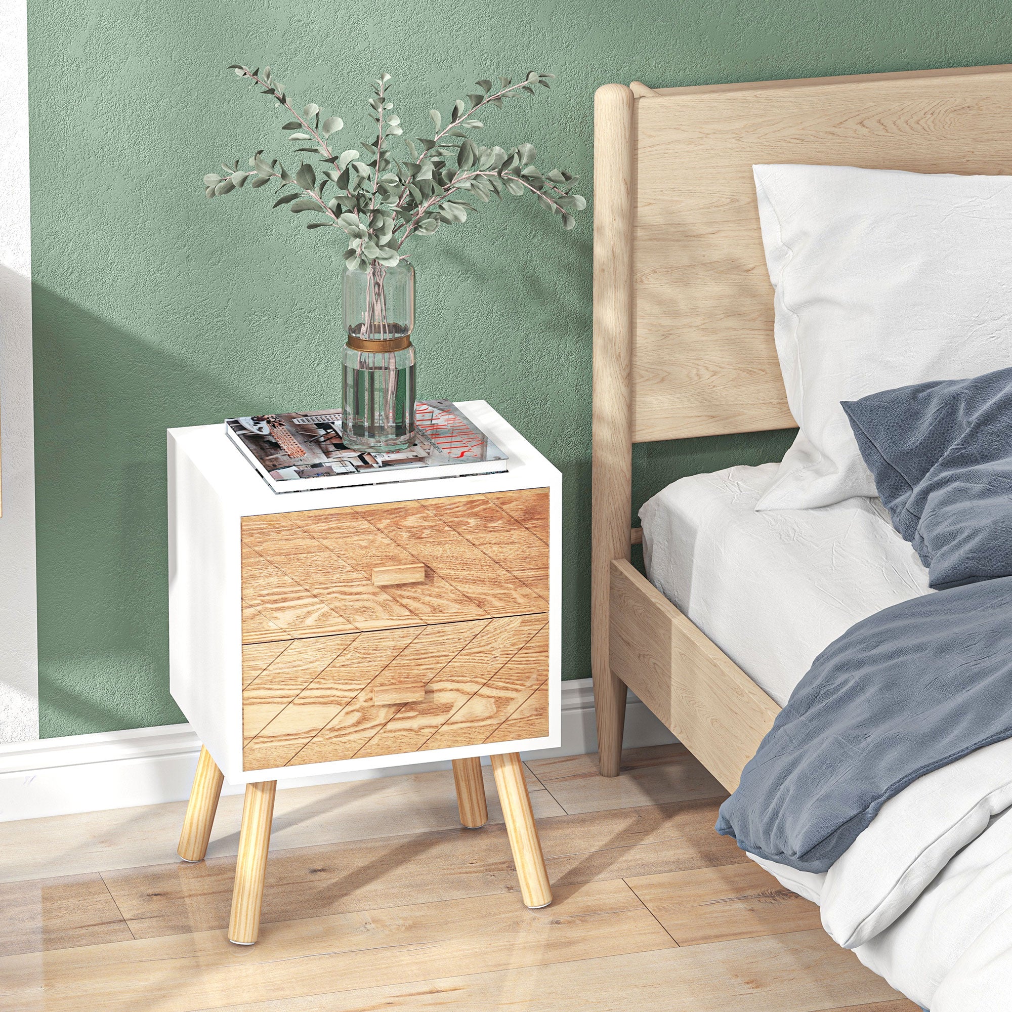 HOMCOM Bedside Table Set of 2, Modern Bedside Cabinets with Drawer and Pine Wood Legs, Nightstand for Bedroom, White and Natural