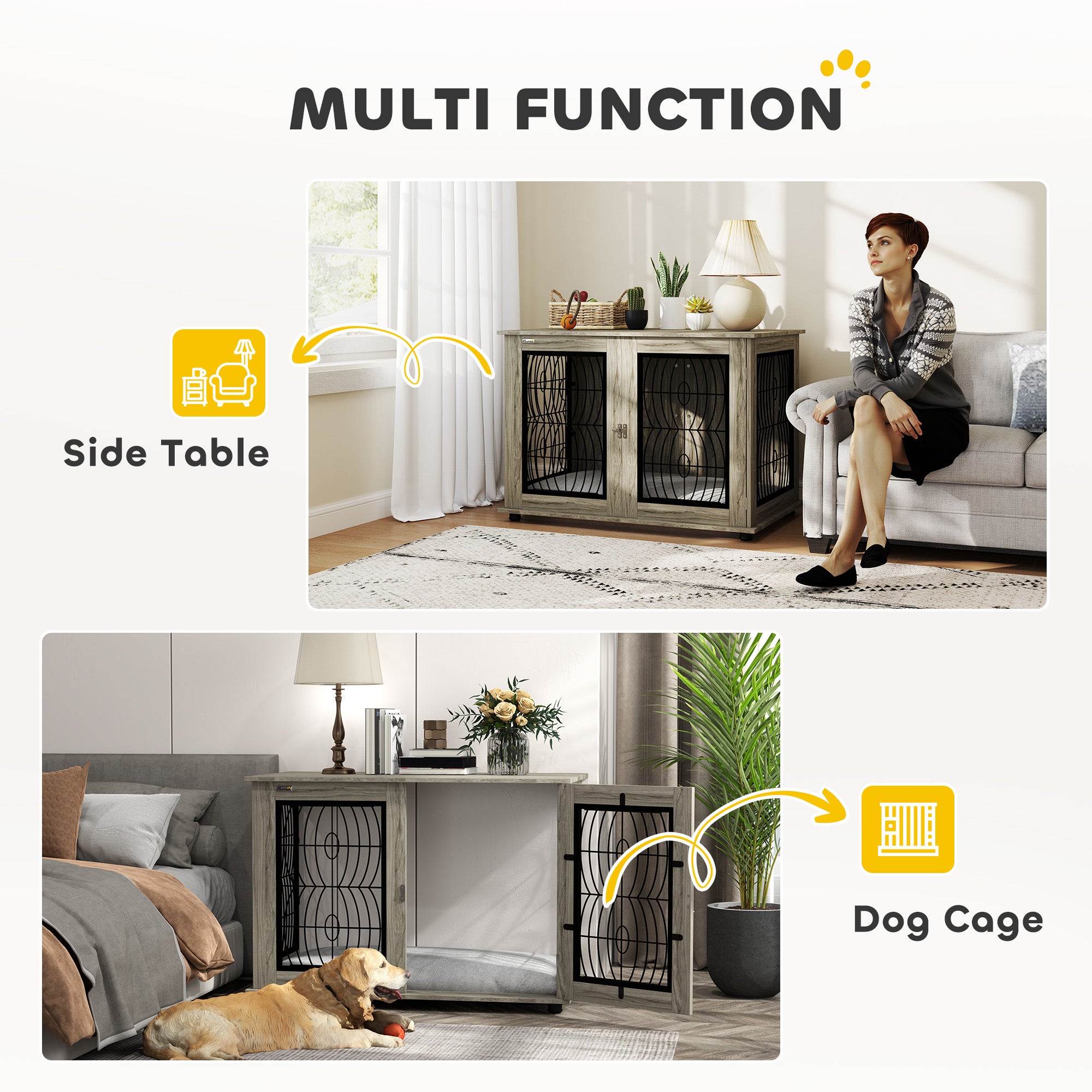 PawHut Indoor Dog Crate Furniture End Table with Soft Washable Cushion, Lockable Front Door, for Extra Large Dogs - Grey