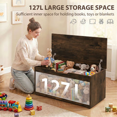 HOMCOM 127L Home Storage Box, with Safety Hinges - Rustic Brown Wood-Effect