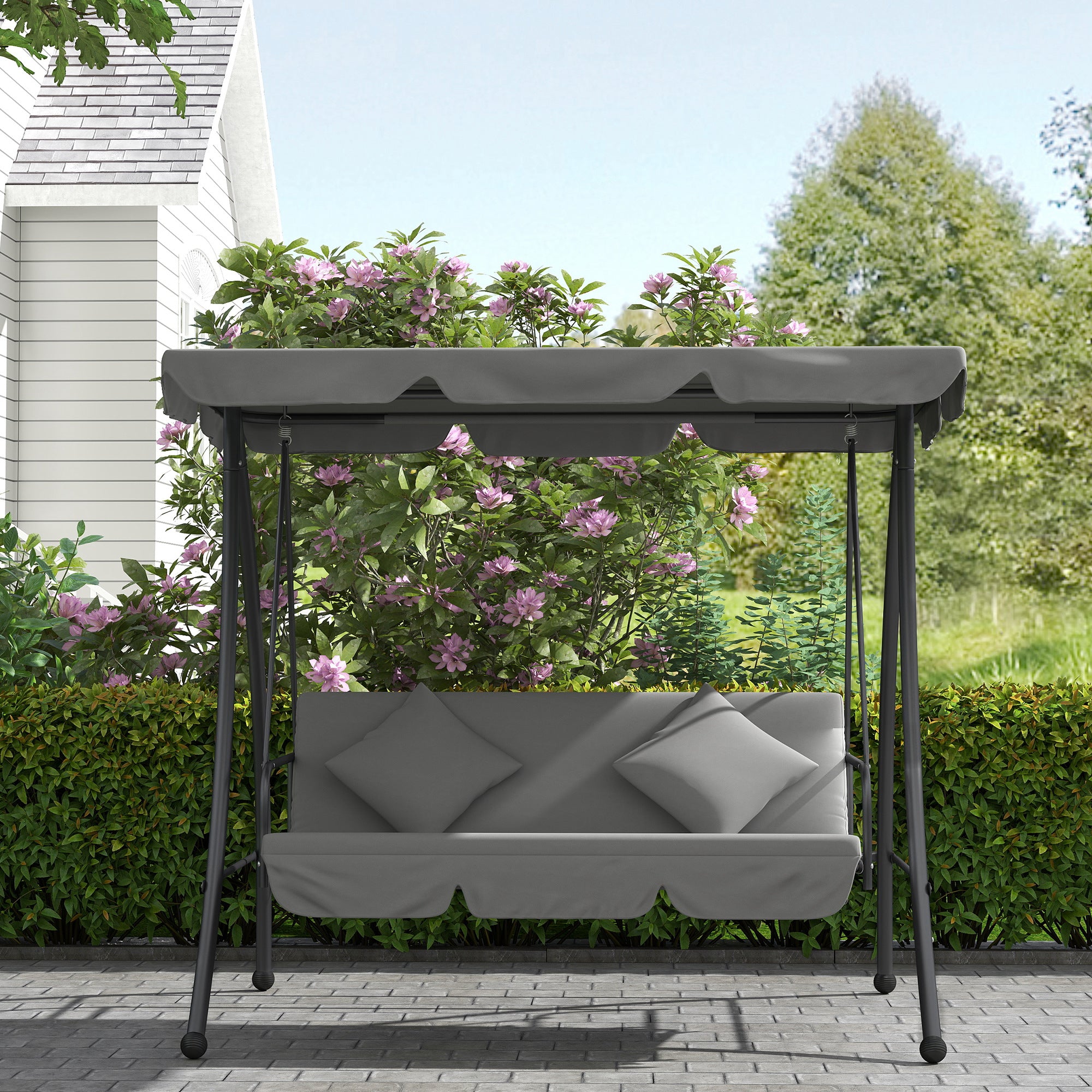 Outsunny Outdoor 2-in-1 Swing Chair Lounger 3 Seater Garden Swing Seat Bed Convertible Tilt Canopy W/ Cushion, Light Grey