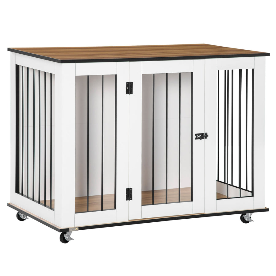 PawHut Dog Crate Furniture, Dog Cage End Table, with Wheels, for Large Dogs, 106 x 60 x 82 cm - White