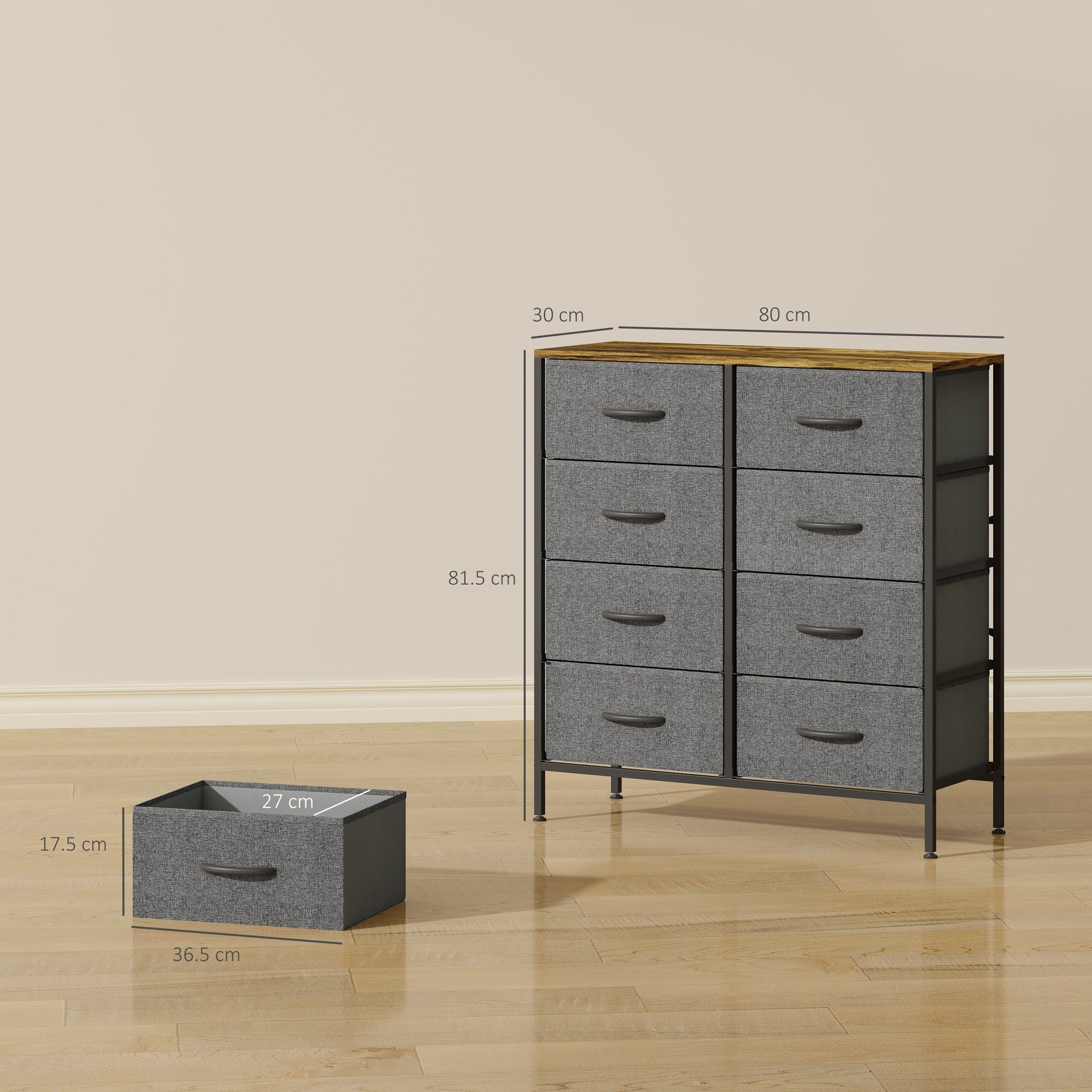 HOMCOM Fabric Chest of Drawers, Industrial Bedroom Dresser with 8 Fabric Drawers, Steel Frame and Wooden Top for Nursery, Living Room, Hallway, Rustic Brown and Grey