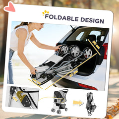 PawHut Dog Pram, Pet Stroller with Reflective Strips, Foldable Cat Stroller with 360 degrees Swivel Wheels, Grey