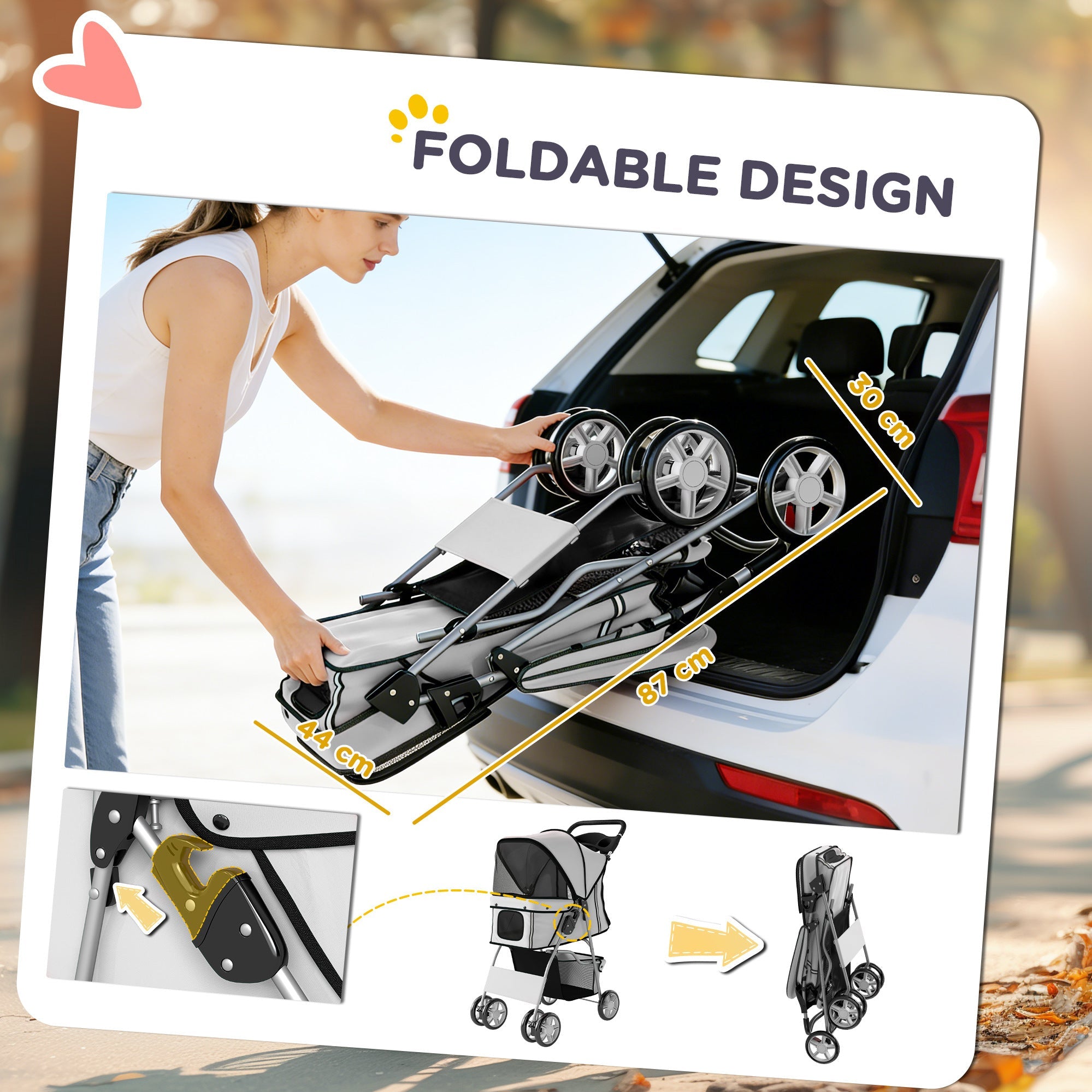 PawHut Dog Pram, Pet Stroller with Reflective Strips, Foldable Cat Stroller with 360Â° Swivel Wheels, Grey