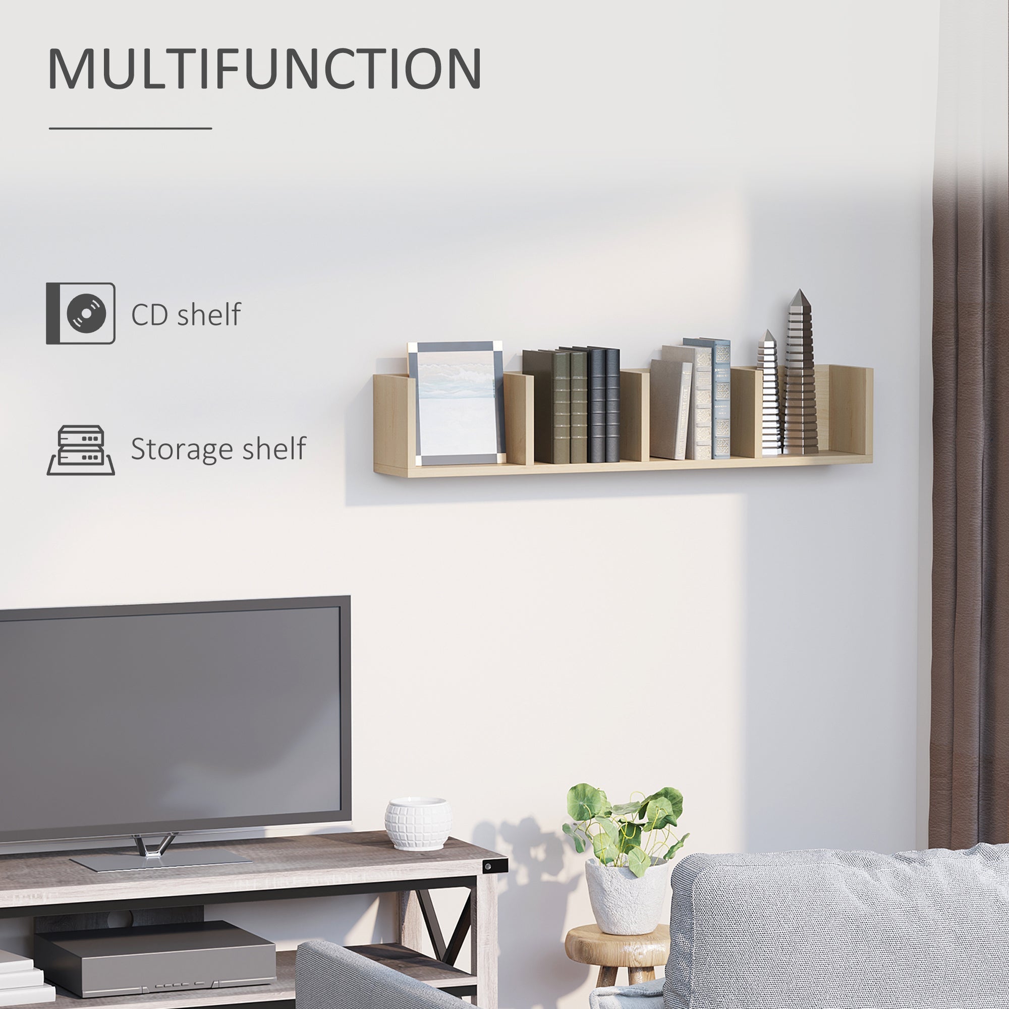 HOMCOM Wall Mount 84 CD / 56 DVD/Blu-ray/ Media Storage Rack 4 Cubes, Wooden Shelf Organiser Unit Bookcase Display, Set of 2, Natural Wood Finish