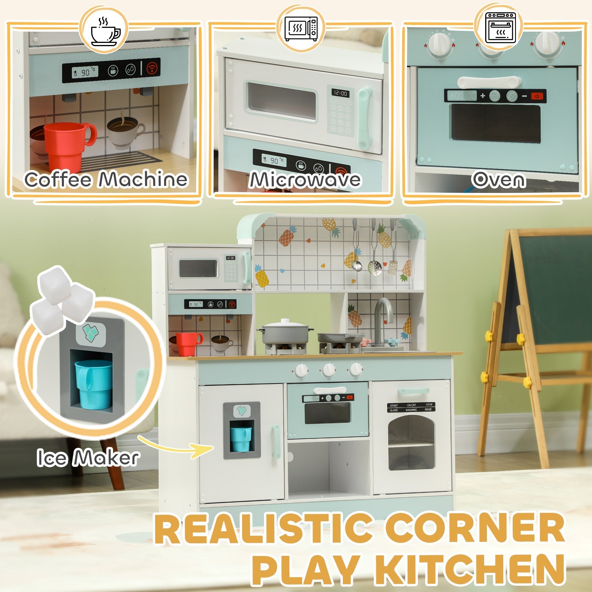 AIYAPLAY Toy Kitchen, Pretend Role Play Kitchen with Hob, Sound, Light, Coffee Machine, Ice Maker, Microwave