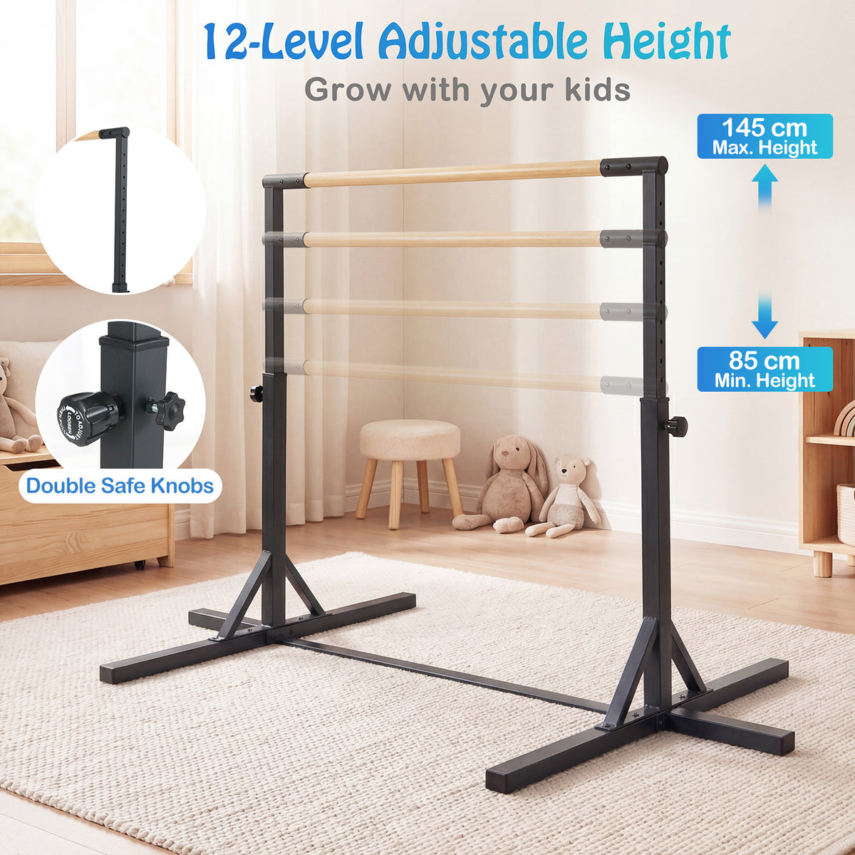 Gymnastics Bar Adjustable Horizontal Kip Bar with 85-145 CM 12-Level Height-Black
