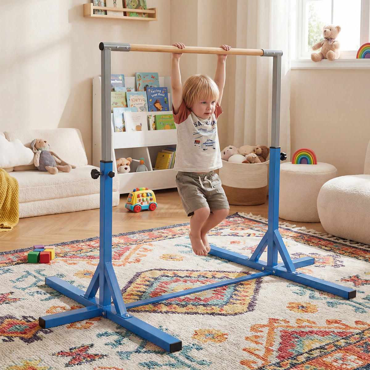 Gymnastics Bar Adjustable Horizontal Kip Bar with 85-145 CM 12-Level Height-Blue