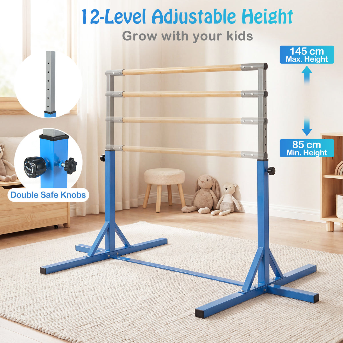 Gymnastics Bar Adjustable Horizontal Kip Bar with 85-145 CM 12-Level Height-Blue