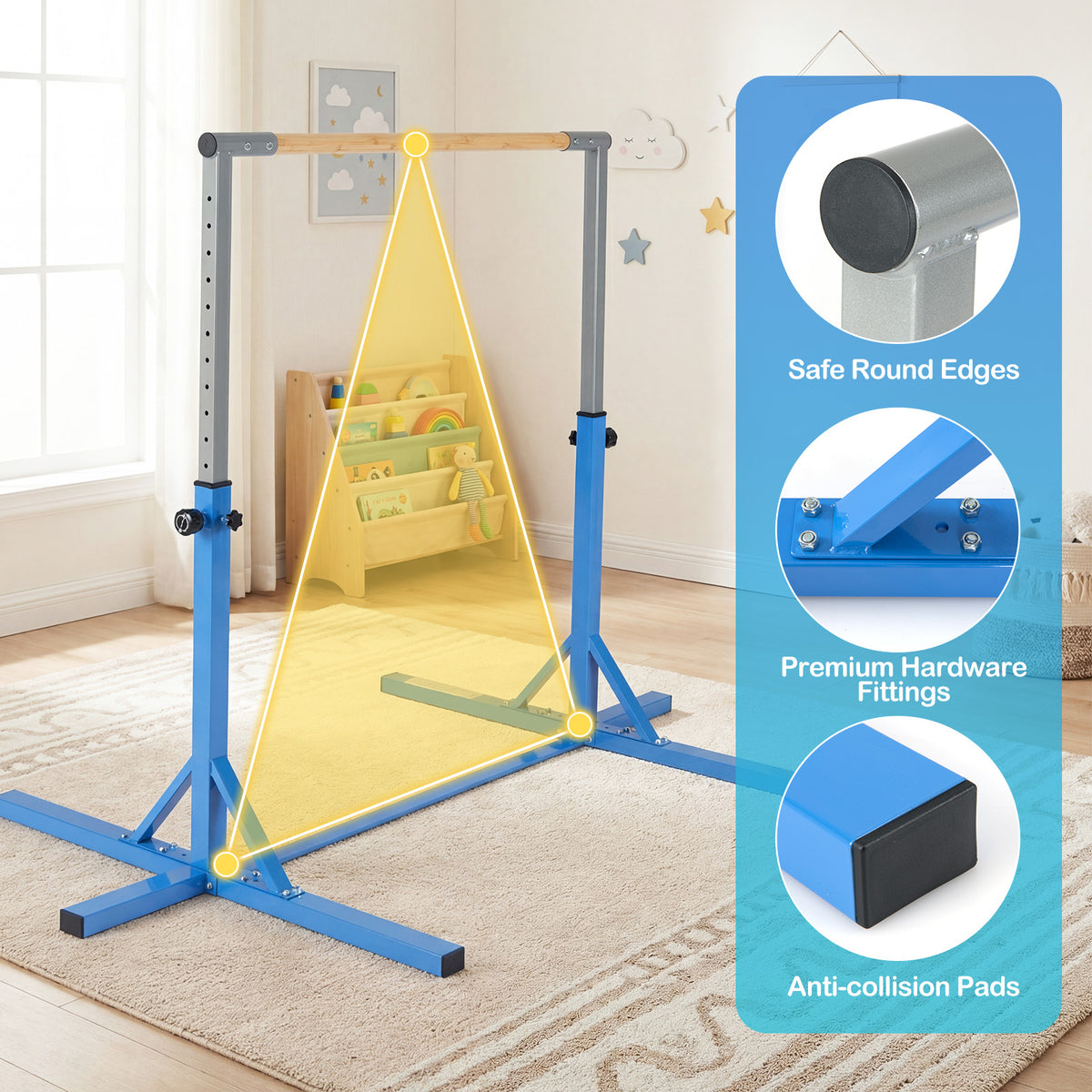 Gymnastics Bar Adjustable Horizontal Kip Bar with 85-145 CM 12-Level Height-Blue