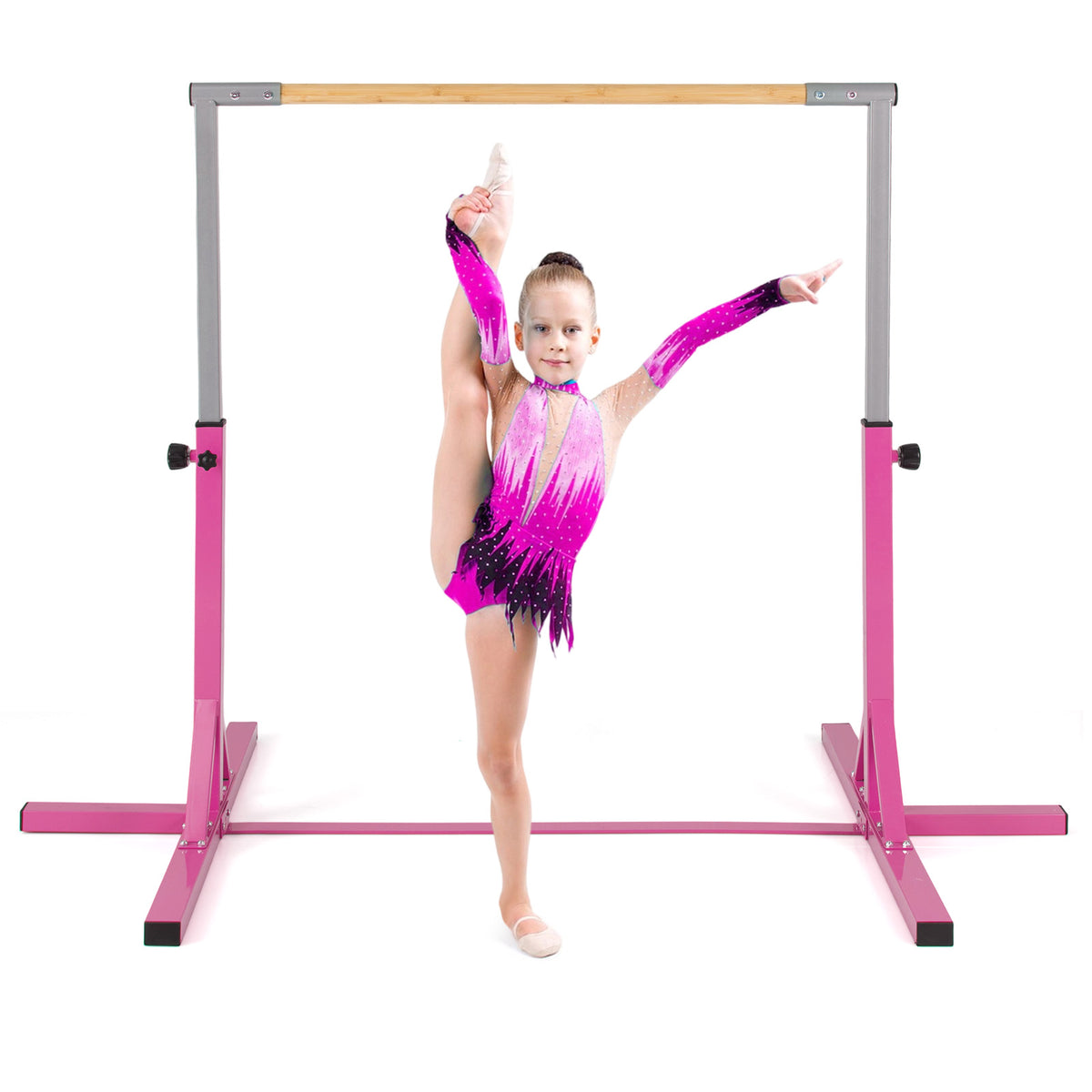 Gymnastics Bar Adjustable Horizontal Kip Bar with 85-145 CM 12-Level Height-Pink