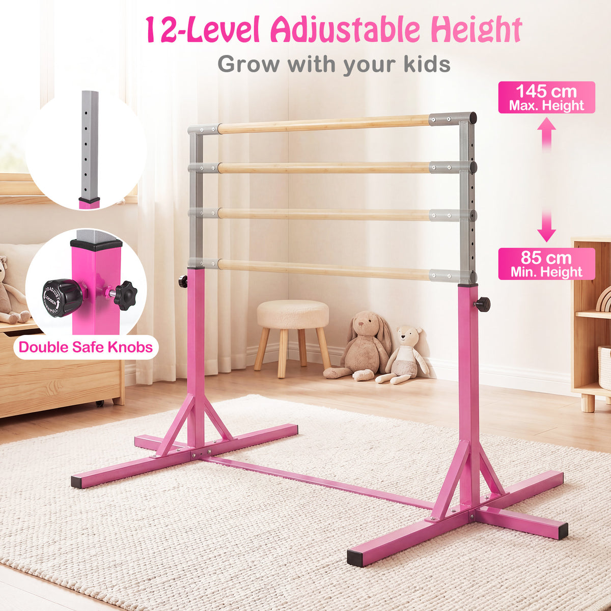 Gymnastics Bar Adjustable Horizontal Kip Bar with 85-145 CM 12-Level Height-Pink