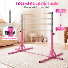 Gymnastics Bar Adjustable Horizontal Kip Bar with 85-145 CM 12-Level Height-Pink