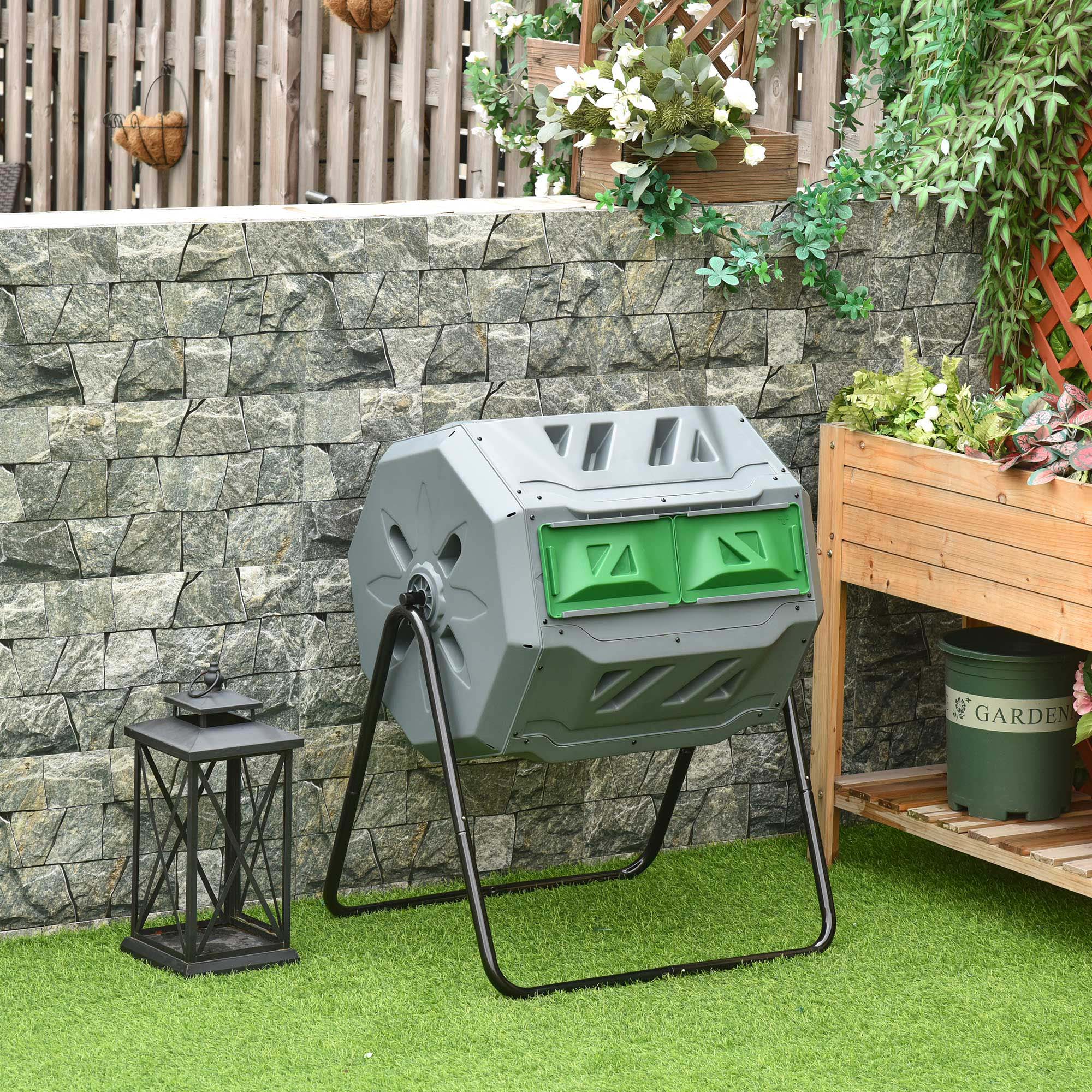 Outsunny 160L 360 Rotating Dual Chamber Composter - Grey