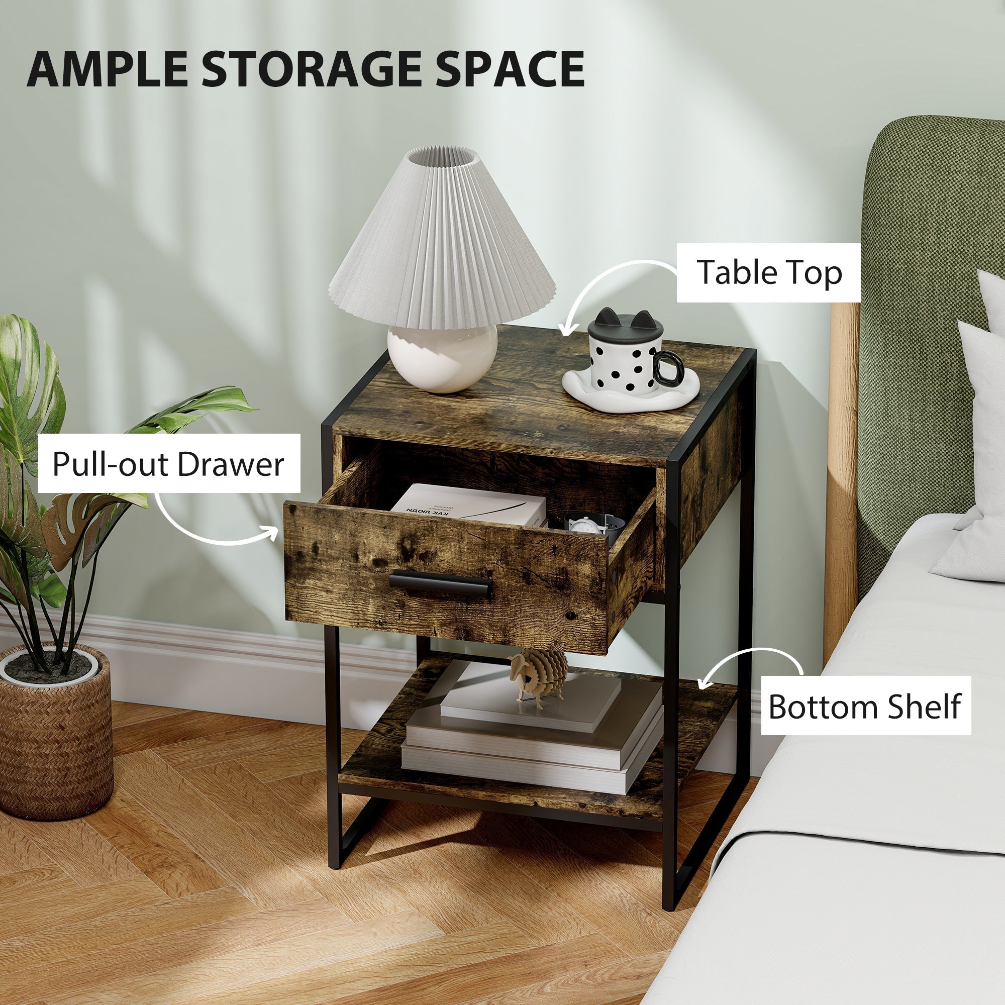 HOMCOM Modern Bedside Table - Rustic Brown