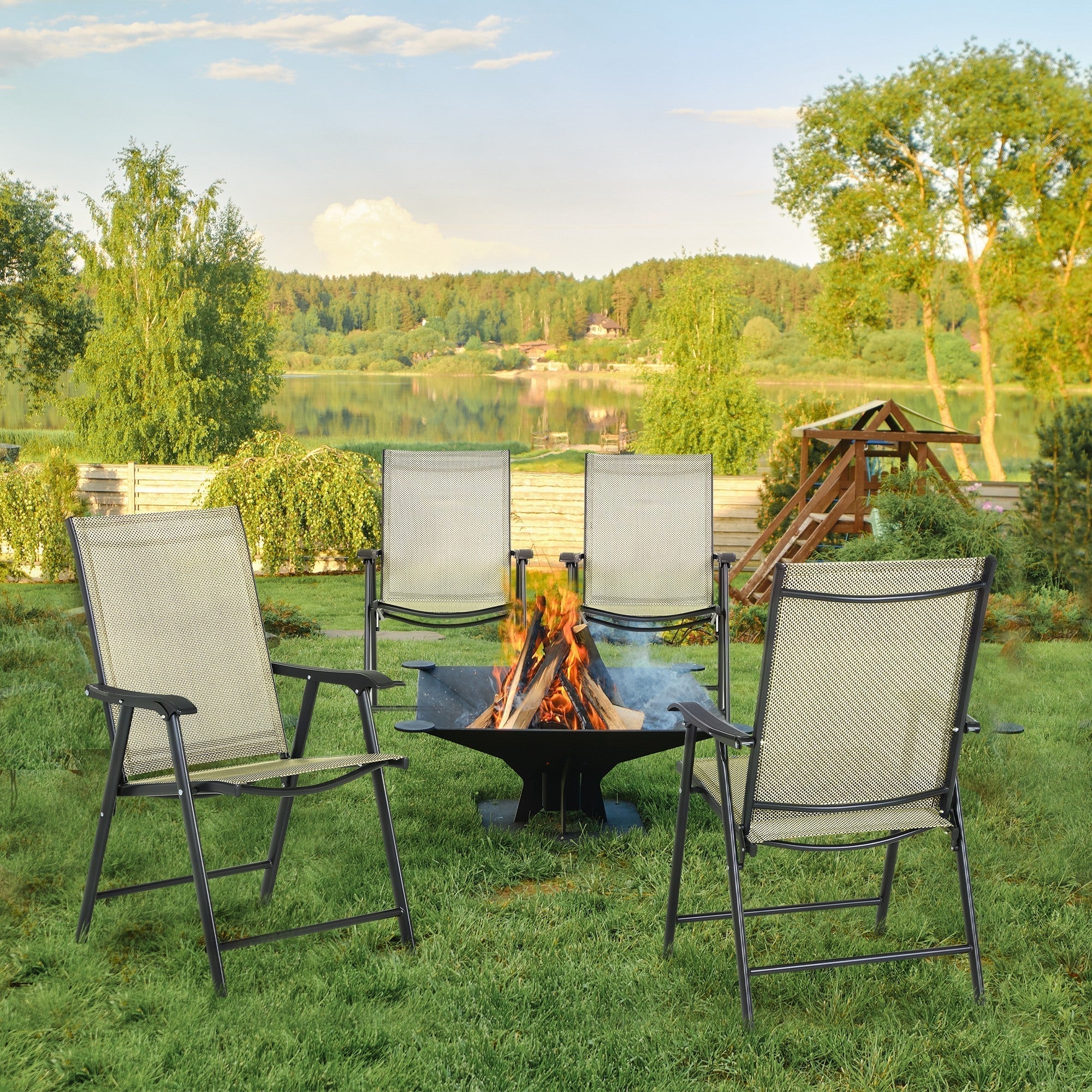 Outsunny Set of Four Folding Garden Chairs - Beige