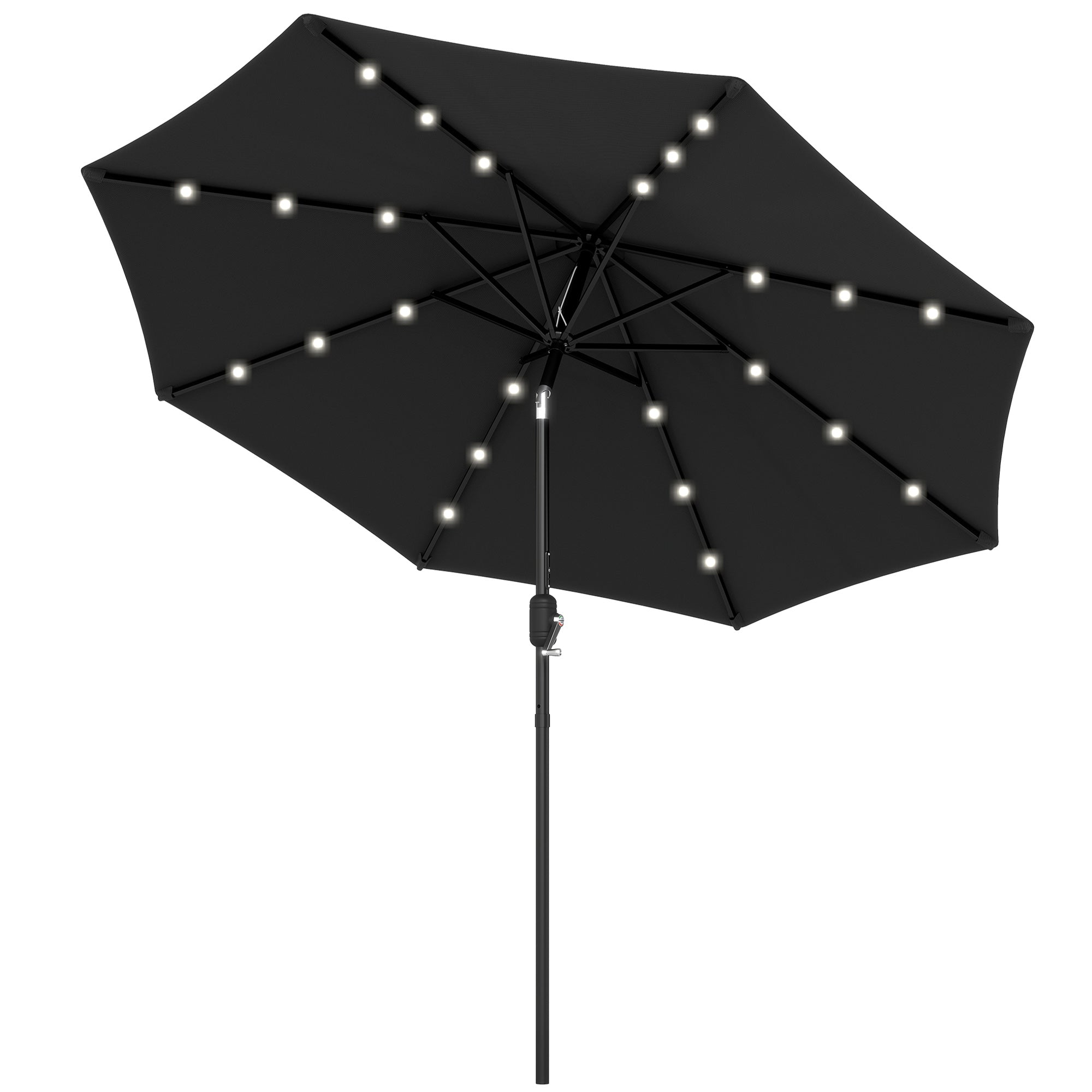 Outsunny 2.7m Garden Parasol Solar Outdoor Tilt Sun Umbrella Patio Sun Shade w/ 24 LED Light, Hand Crank and 8 Ribs, Black