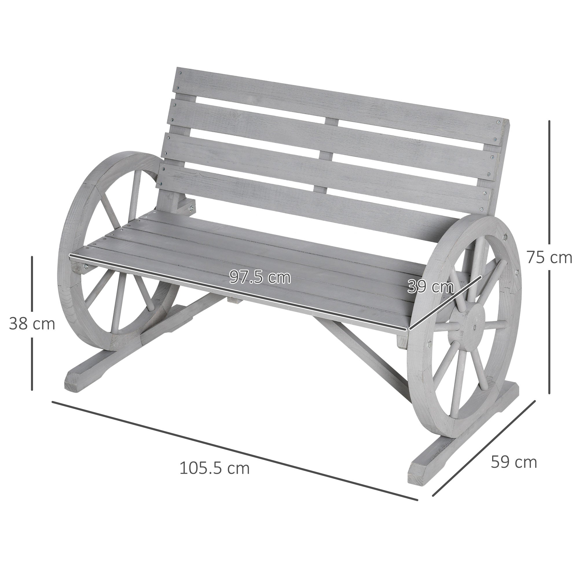 Outsunny Wooden Cart Wagon Wheel 2 Seater Garden Bench Outdoor Garden Armrest Chair Rustic High Back Loveseat Grey