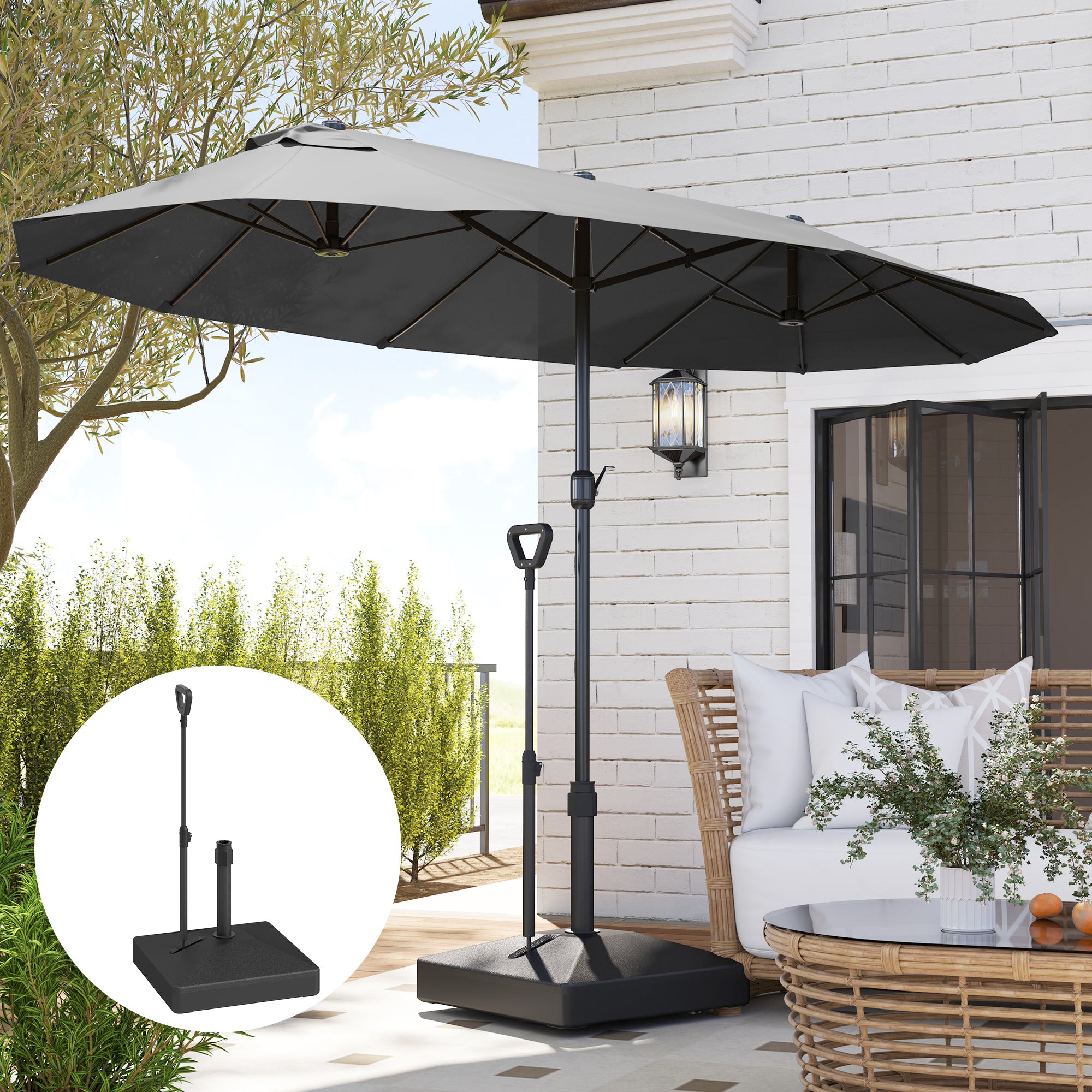 Outsunny Garden Parasol Base with Adjustable Wheels and Handle, Garden Sun Umbrella Base Parasol Stand, Filled Up to 55kg with Stand, 45kg with Water for 35, 38, 48 mm Poles, Black