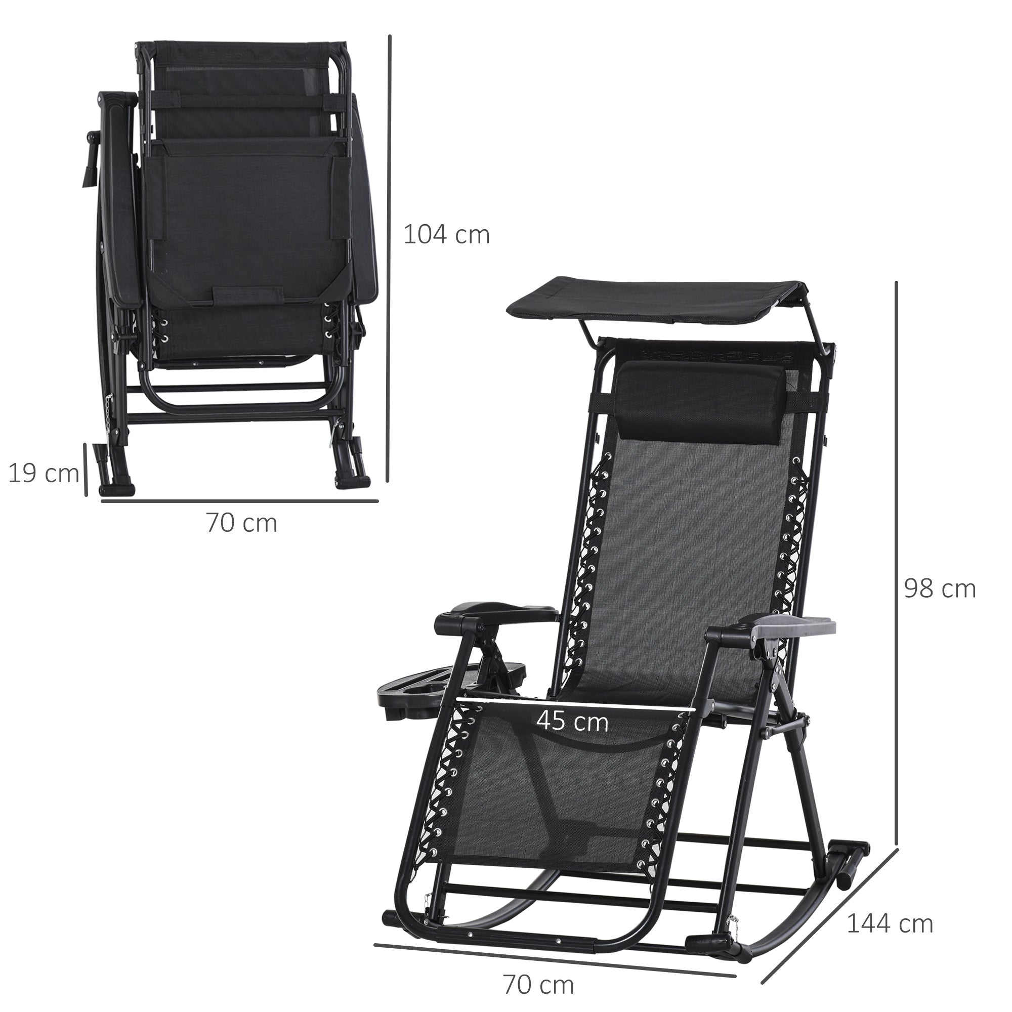 Outsunny Garden Rocking Chair Folding Recliner Outdoor Adjustable Sun Lounger Rocker Zero-Gravity Seat with Headrest Side Holder Patio Deck - Black