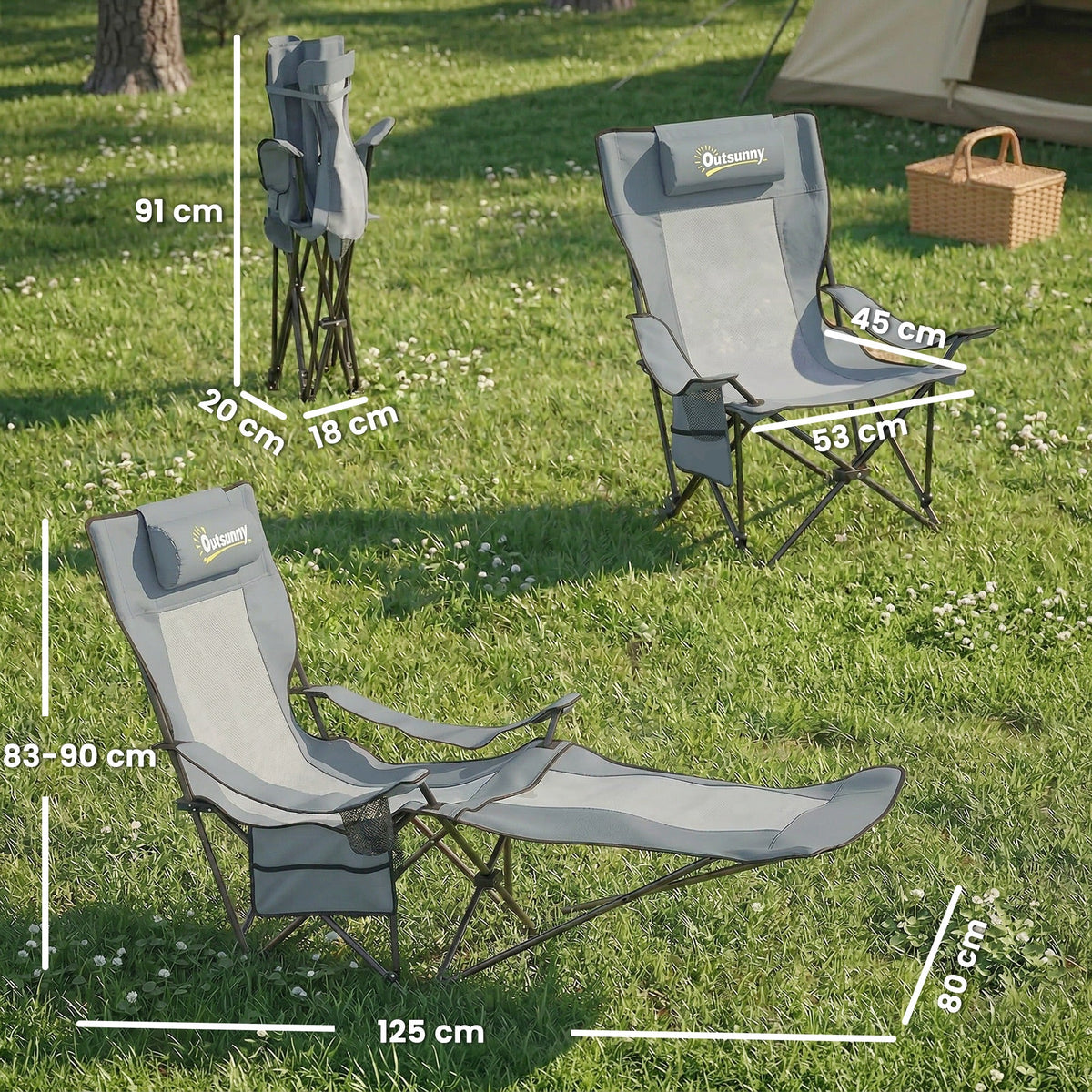 Outsunny Camping Chair Reclining Portable Camp Chair with Detachable Footrest Cup Holder Grey